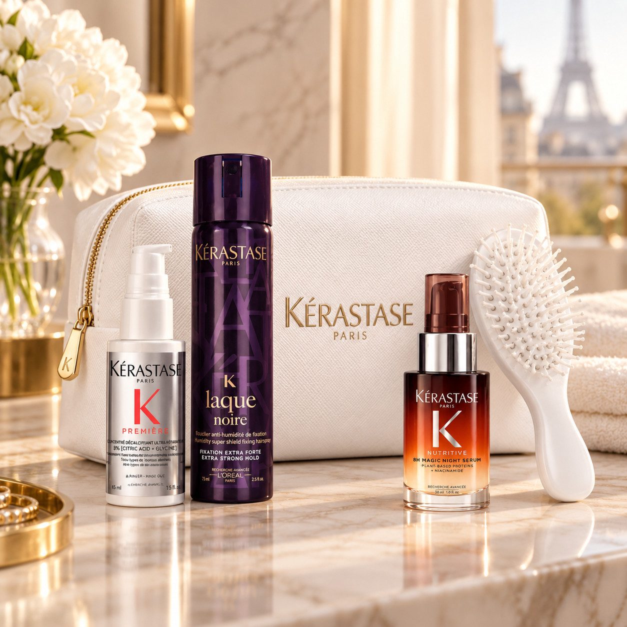 Kérastase Haarpflege-Set Travel & Styling Set mit Beauty Bag, Haarbürste, 5-tlg., hochwertiges Styling-Set für unterwegs