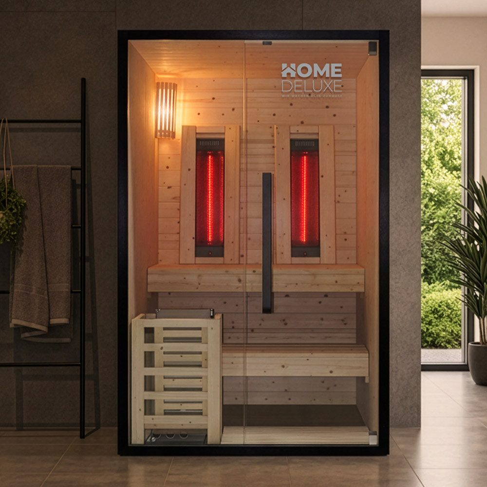 HOME DELUXE Sauna Kombisauna - EVEREST, BxTxH: 120 x 120 x 190 cm, 44 mm, (inkl. 3,6 kW Saunaofen & 2x 400 W Infrarot-Vollspektrumstrahler) Kombination aus Sauna und Infrarotkabine, Hybridsauna
