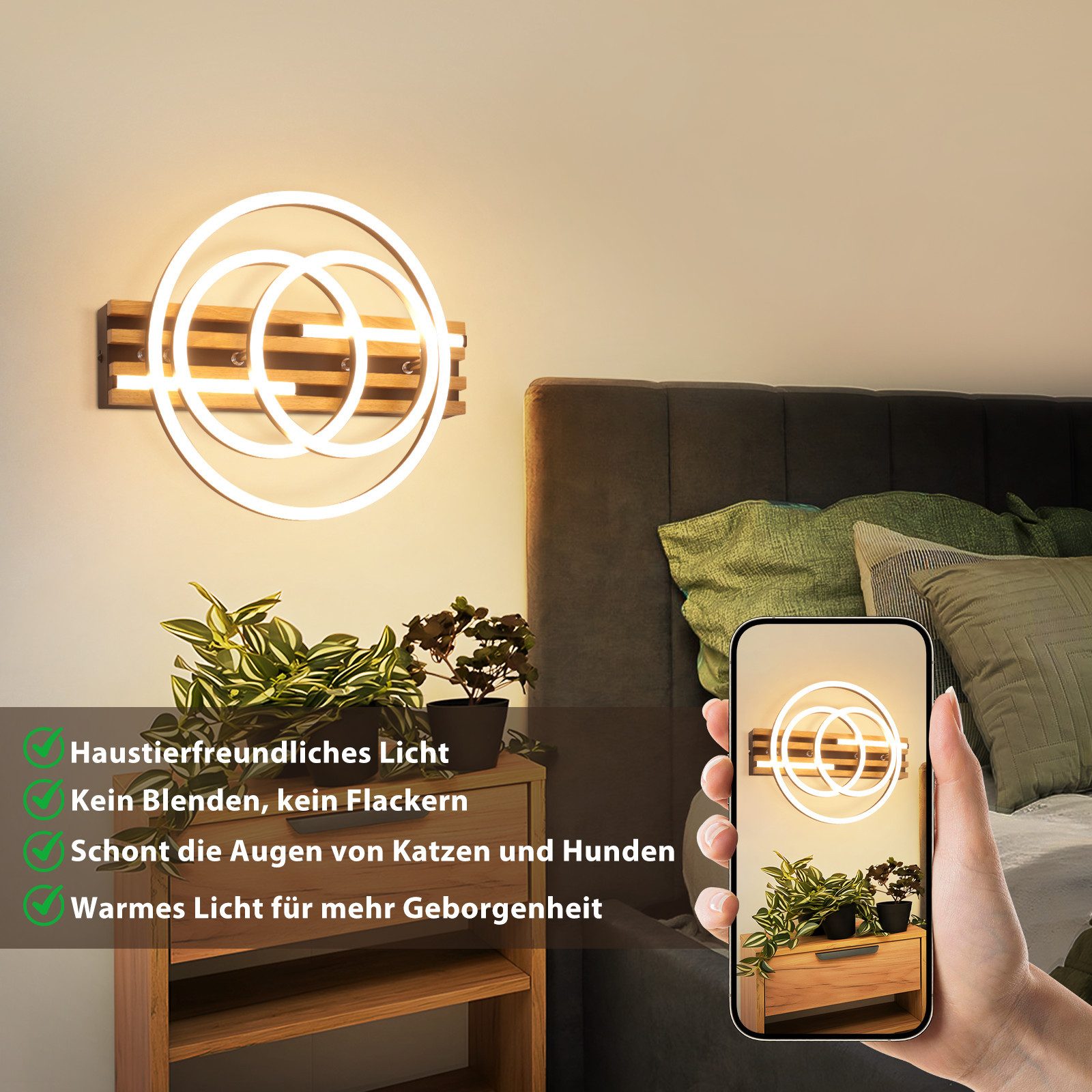 Nettlife LED Deckenleuchte Dimmbar Holz 2/3/4 Ringe Modern Deckenlampe Wohnzimmer, LED fest integriert, 44W 38*32*8.8CM für Schlafzimmer Büro Küche – Bild 5 von 5