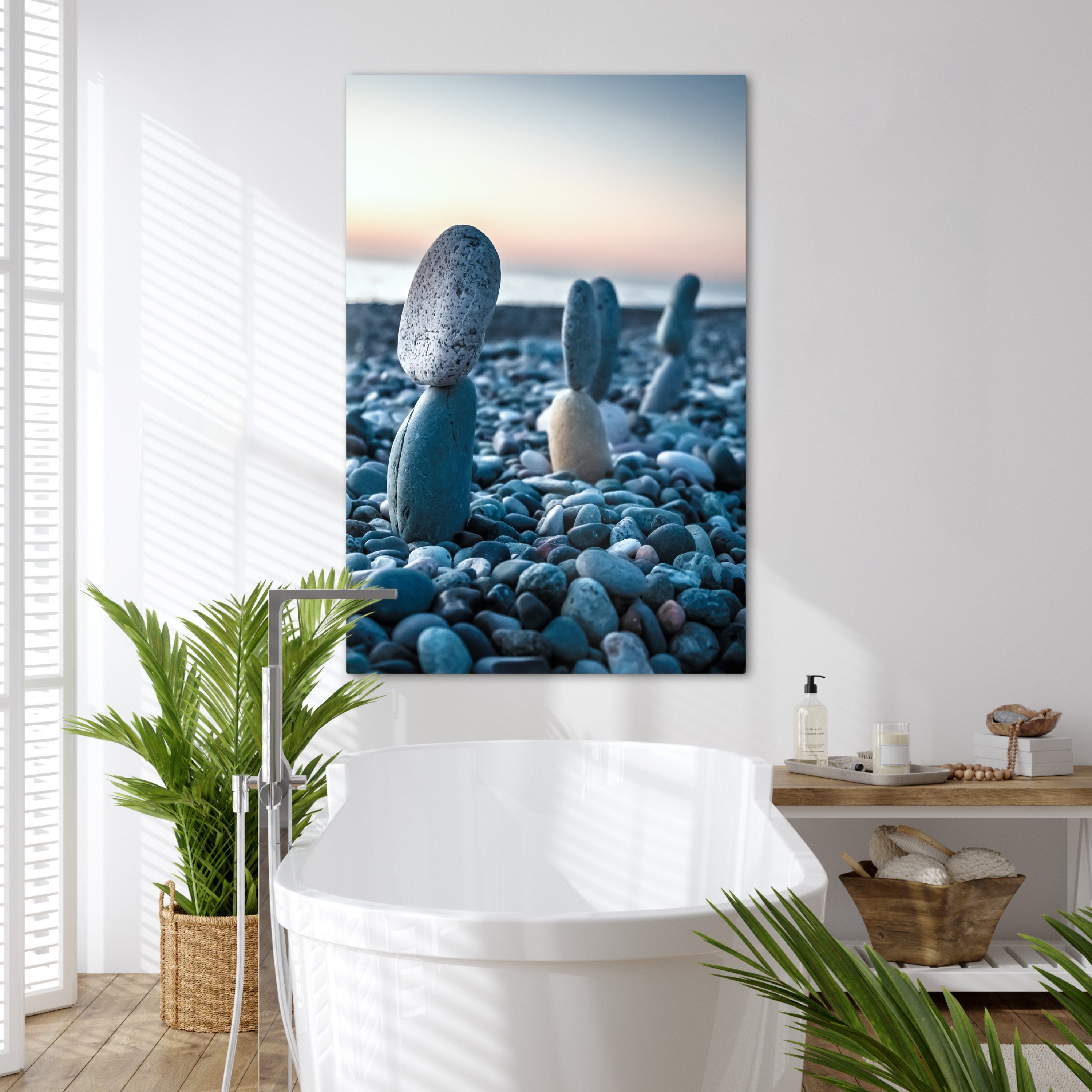 OneMillionCanvasses® Leinwandbild Zen-Steine - Sonnenuntergang - Meer, Fotodruck (1 St), Badezimmer Deko, Bilder Bad, Gäste WC Wanddeko 80x120 cm