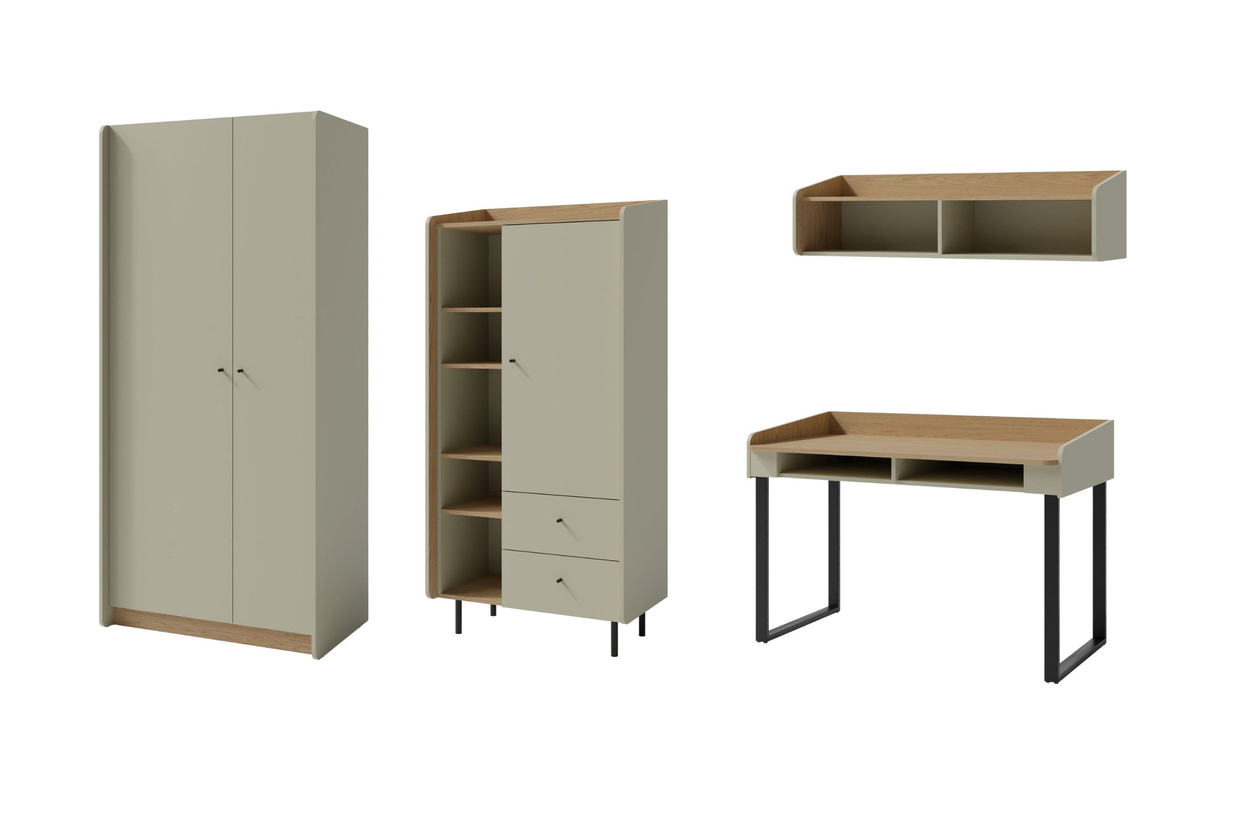 Deine Möbel 24 Jugendzimmer-Set ALBI C (3+10+11+5) Kinderzimmer-Set Kindermöbel, (Set, 4-tlg., Kleiderschrank, Schreibtisch, Hängeregal, Hochkommode), ALBI Kollektion Sandbeige Eiche Eukalyptus
