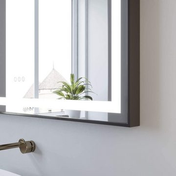 AQUALAVOS Badspiegel Badspiegel mit LED Licht Schwarzer Rahmen Antibeschlage Lichtspiegel, mit 6400K Kaltweiß/ 3000K Warmweiß Licht Beleuchtung, Energiesparender