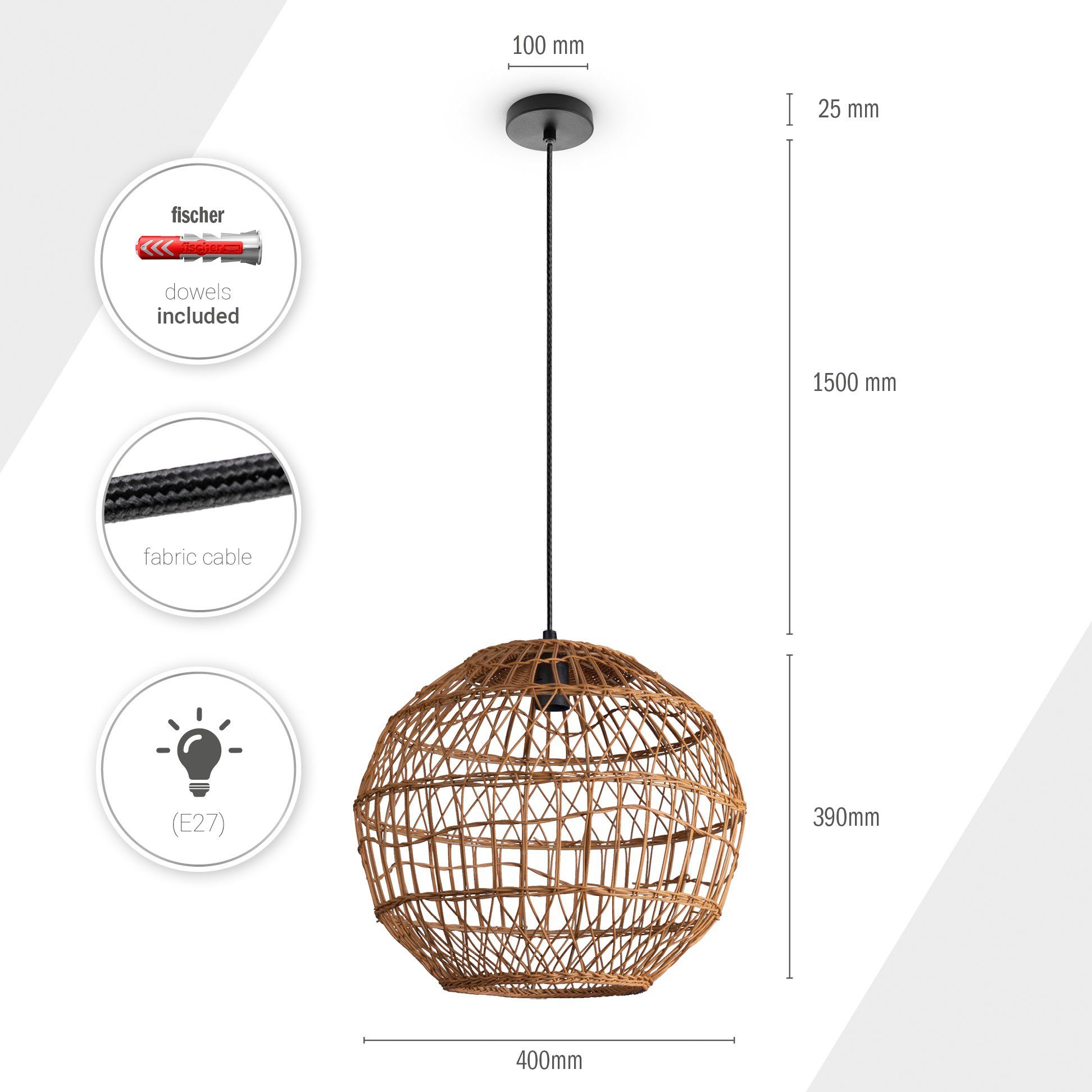 Stil Korblampe Modern Rattan E27 Paco Leuchtmittel, Pendelleuchte Rund Wohnzimmer ohne Hängeleuchte MAITE, Boho Home