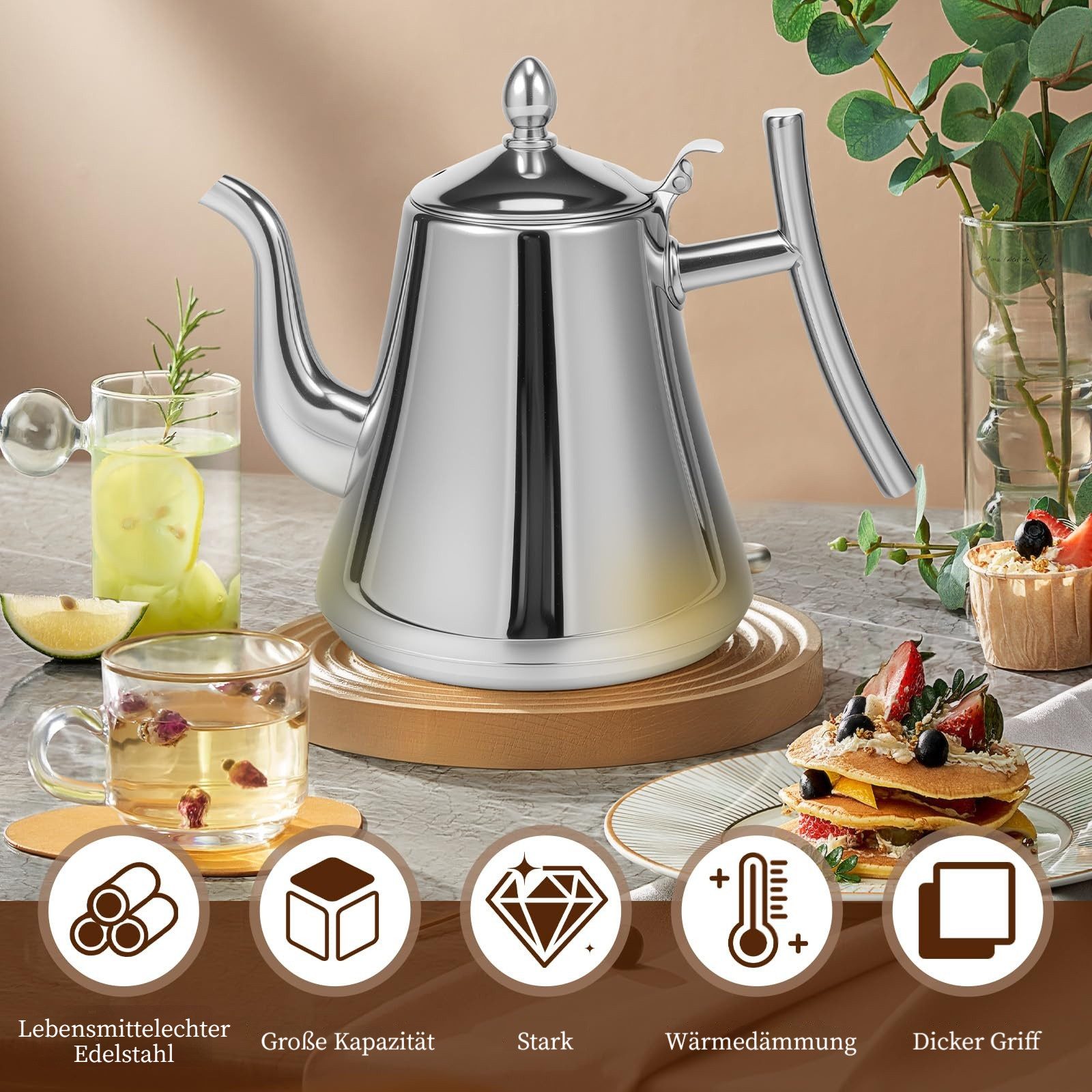 Tekoo Teekanne Teekanne Siebeinsatz 2000ml, mit Griff aus Metall für Induktion & Gas, Herausnehmbares Sieb, isolierter Griff, tropffreier Ausguss