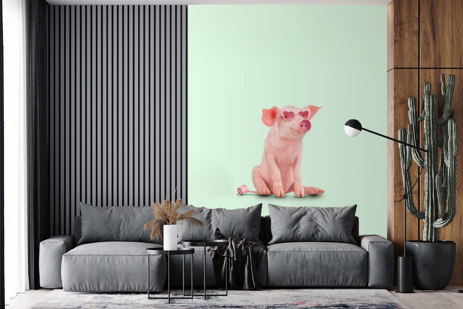 MuchoWow Fototapete Schwein - Rosa Montagefertig für Wohnzimmer, Tapete Brille - bedruckt, Matt, Vinyl St), - (4 Wandtapete - Sockel Tiere