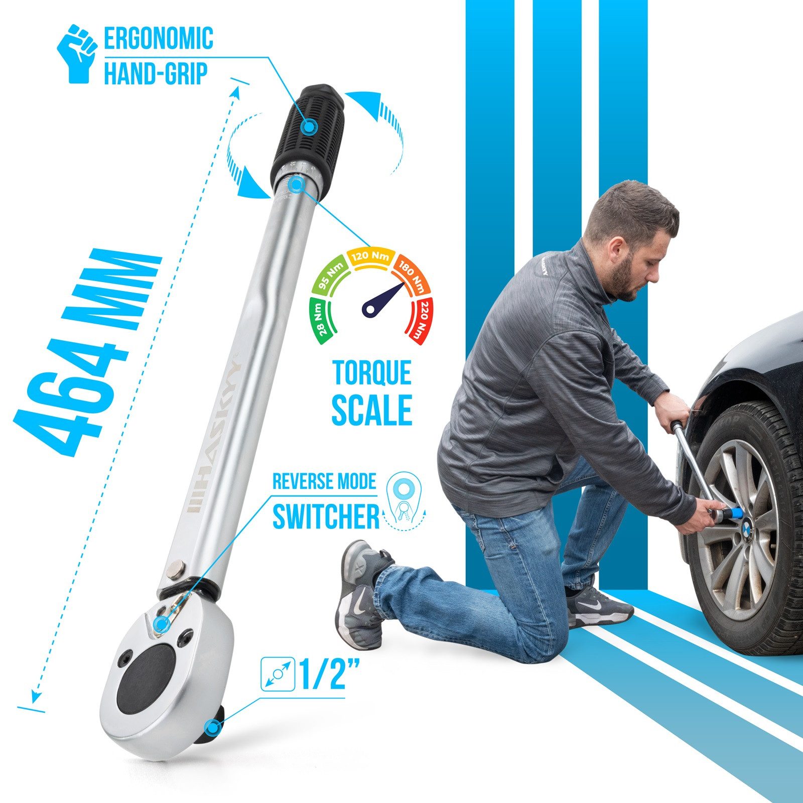 HASKYY Ratsche Radwechsel Satz Drehmomentschlüssel 28-210Nm + Teleskop 46-60cm Nüsse