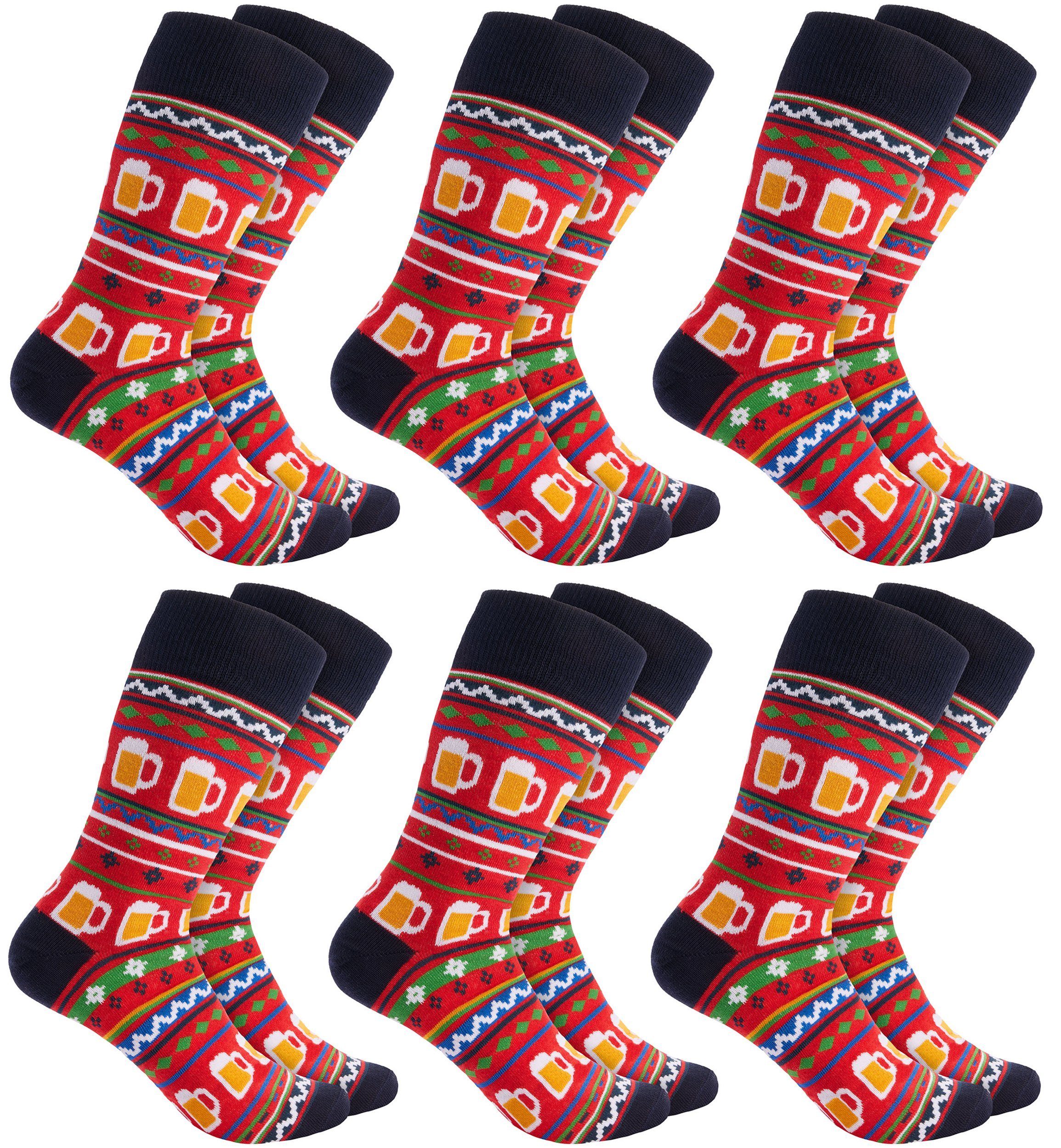BRUBAKER Socken Weihnachtssocken für Damen und Herren - Weihnachtsmuster mit Bier Rot (Rot, 6-Paar, Xmas-Bier) Lustige Baumwollsocken für Weihnachten und Nikolaus