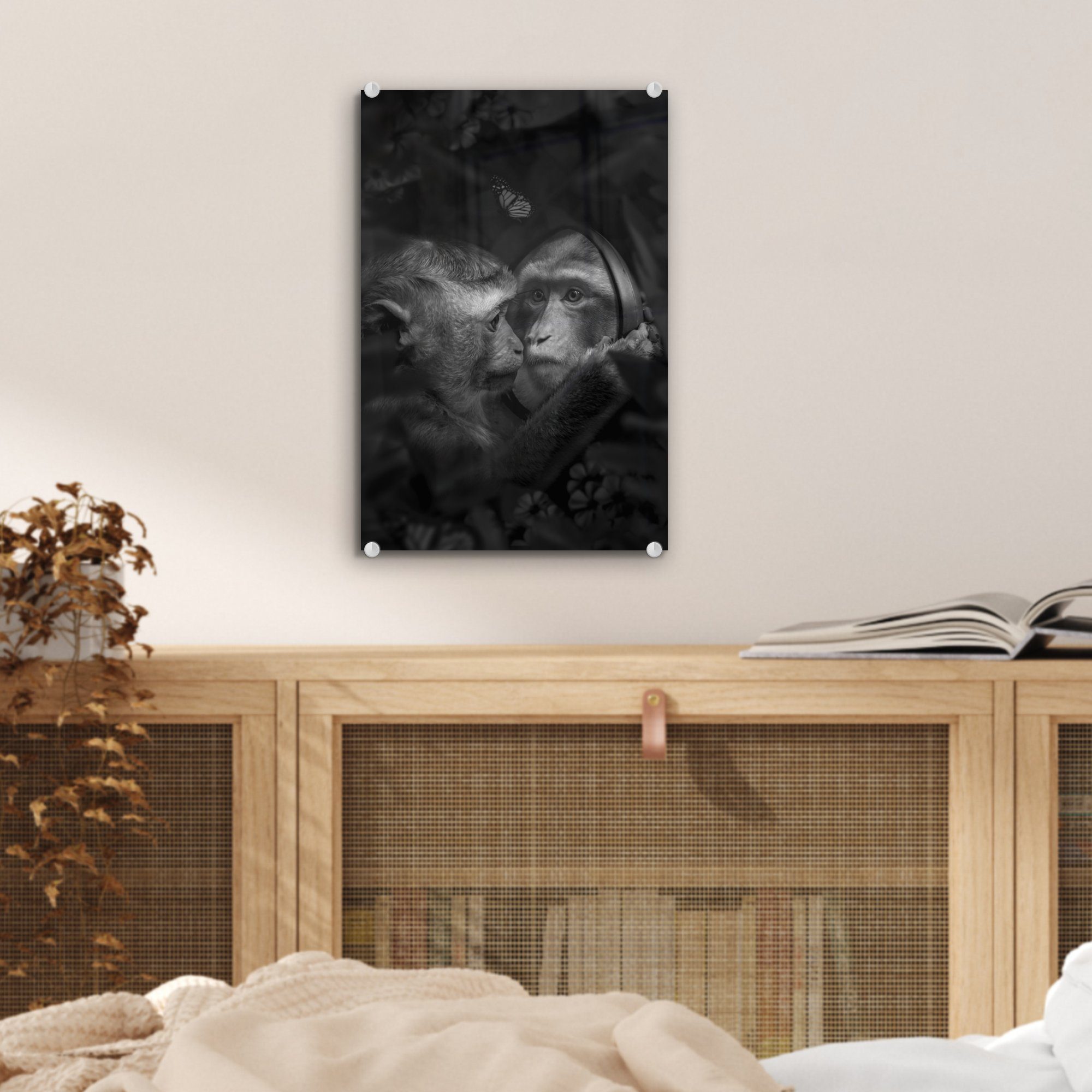 MuchoWow Acrylglasbild Affe schwarz - - Wanddekoration und - auf Bilder weiß, bunt Glas Wandbild Spiegel Glas St), Glasbilder (1 auf mit im - Dschungel Foto