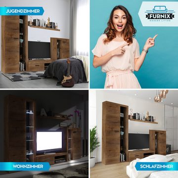 Furnix Wohnwand Marcuss Wohnwand TV-Lowboard Vitrine 4-tlg 270 cm ohne LED, (Komplett-Set, Hochschrank, TV-Schrank, Hängeschrank und Wandregal), alle Kanten mit Melamin bezogen