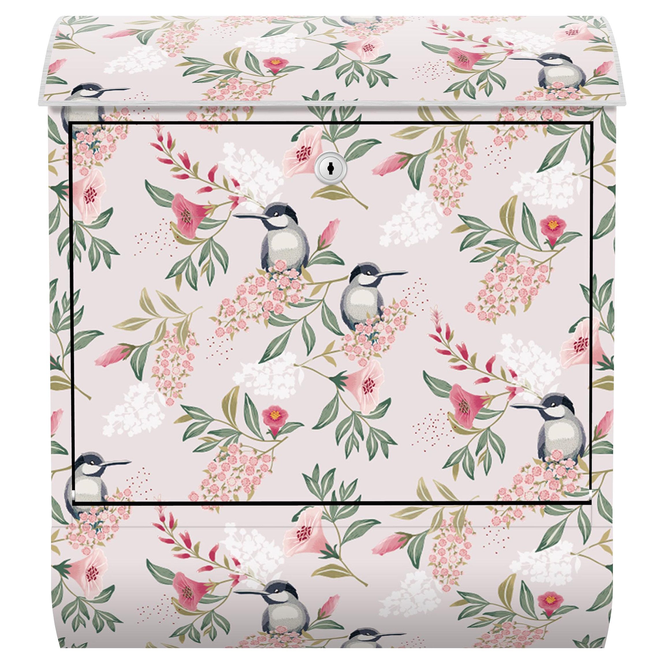 Bilderdepot24 Briefkasten Wandbriefkasten mit Zeitungsfach Motiv Vögel und Blüten (inkl. Zeitungsrolle und 3 Schlüssel), Motivdruck, wetterfest, UV-beständig, abschließbar, 46x39x13 cm