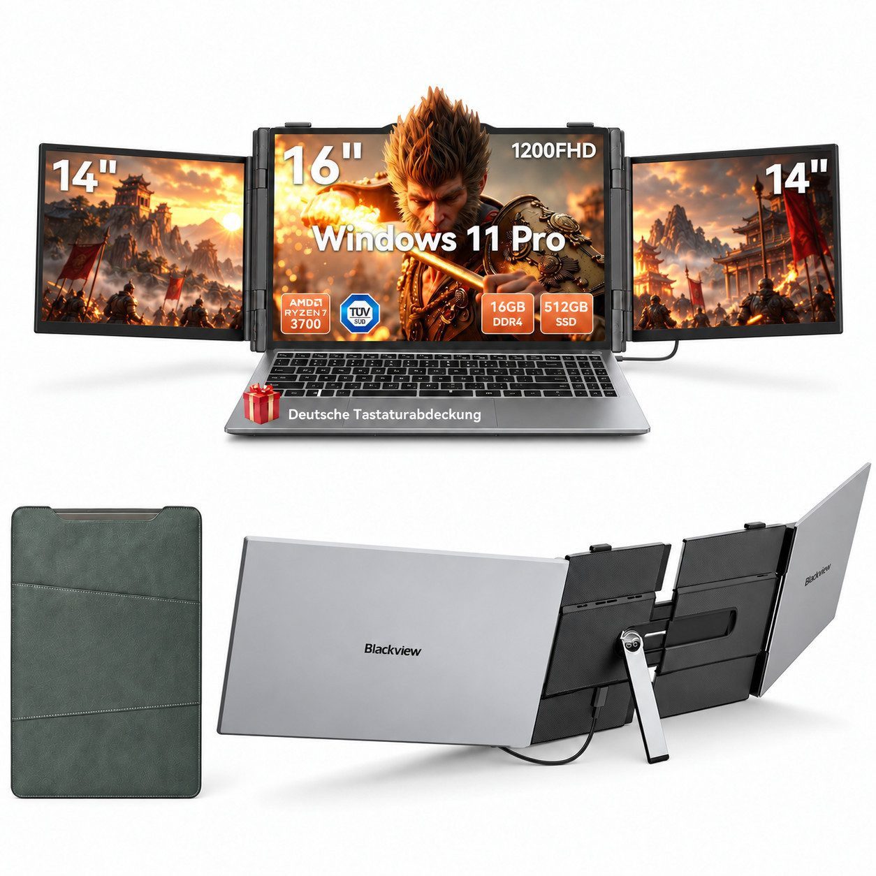 blackview 2026 16‘’ Laptop AMD Ryzen 7 16GB RAM 512GB SSD FHD IPS Windows 11 Pro Notebook (Radeon Vega 10-Grafikkart AMD Ryzen 7 AMD Ryzen 7 3700U, AMD Ryzen 7 3700U, 16 GB, 512 GB SSD, TÜV-Augenschutz. Ultraleicht (1,65 kg / 17,4 mm). 4C/8T)