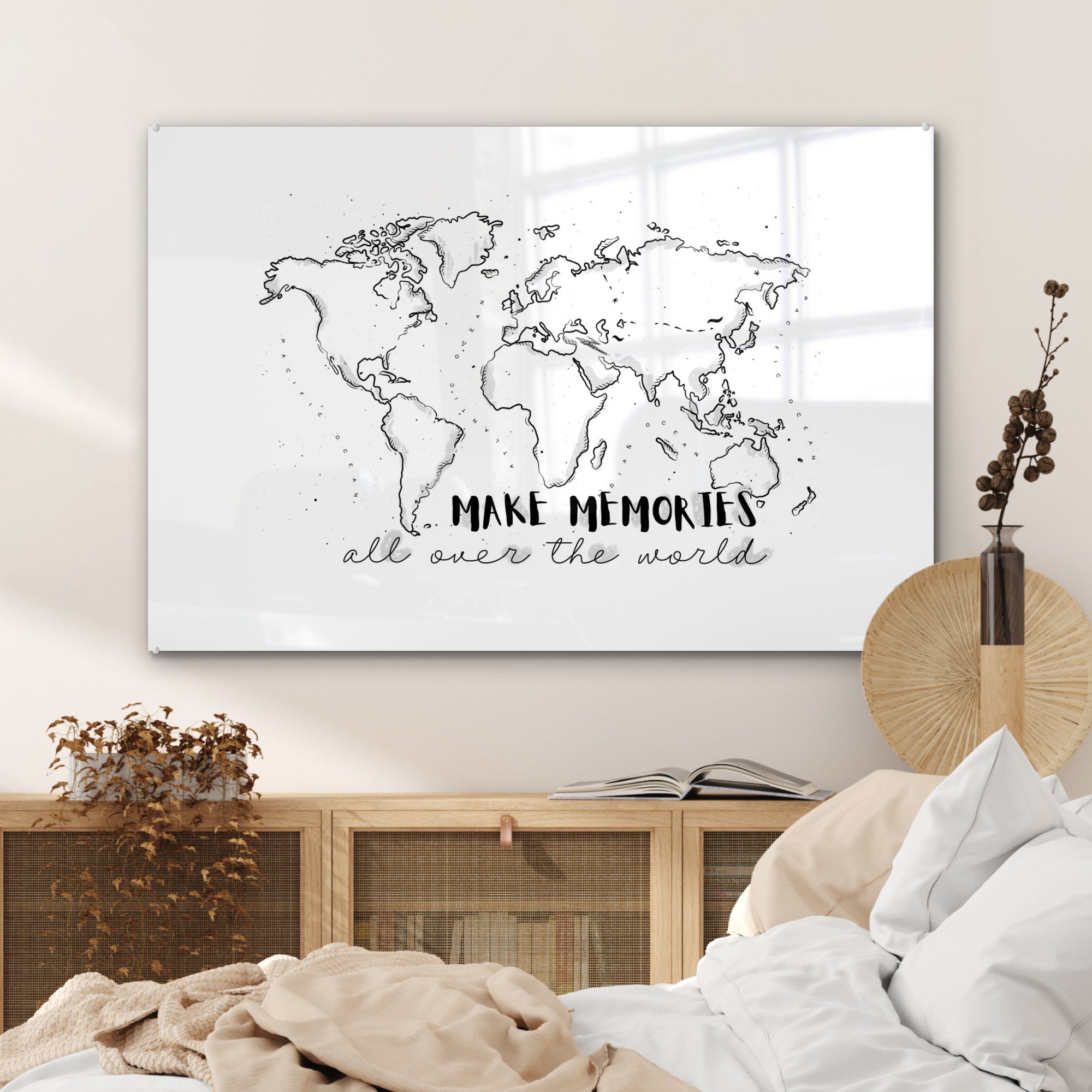 Reisen, St), Acrylglasbilder - Wohnzimmer MuchoWow & (1 Acrylglasbild Weltkarte Schlafzimmer Zitat -