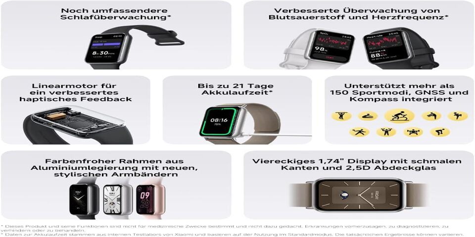 Xiaomi Herren"s Damen"s GPS Telefonfunktion mit AMOLED Display & 150 Modi Smartwatch (4,4 cm/1,74 Zoll, Android/iOS), SPO2 Schlafmonitor IP68 Wasserdicht 21 Tage Akku GNSS