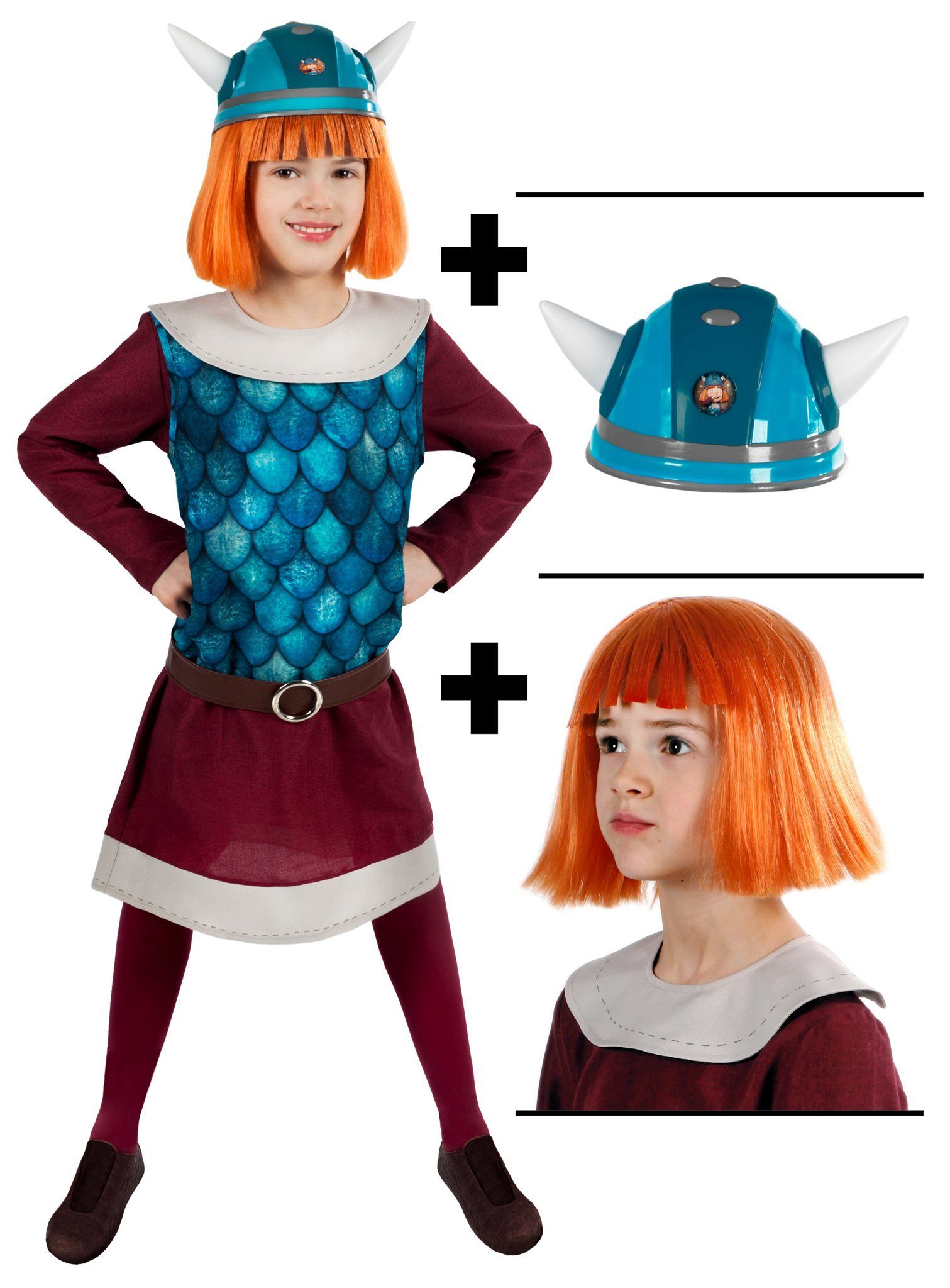 Maskworld Kostüm Wickie Kostüm für Kinder mit Perücke & Helm, Komplettkostüm mit Perücke und Helm des schlauen Wikingerjungen