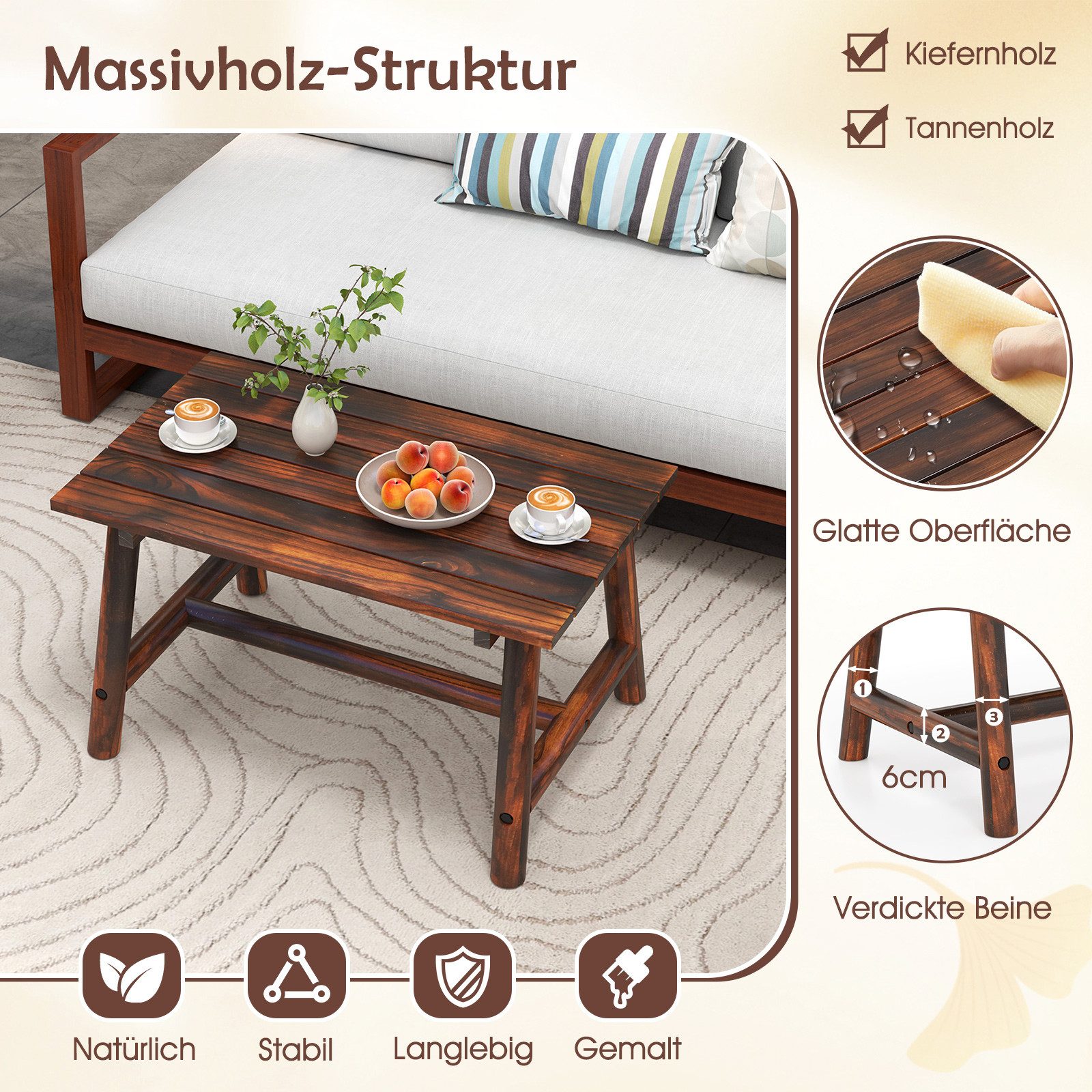 COSTWAY Gartentisch (1-St), Outdoor-Couchtisch, Massivholz-Terrassentisch