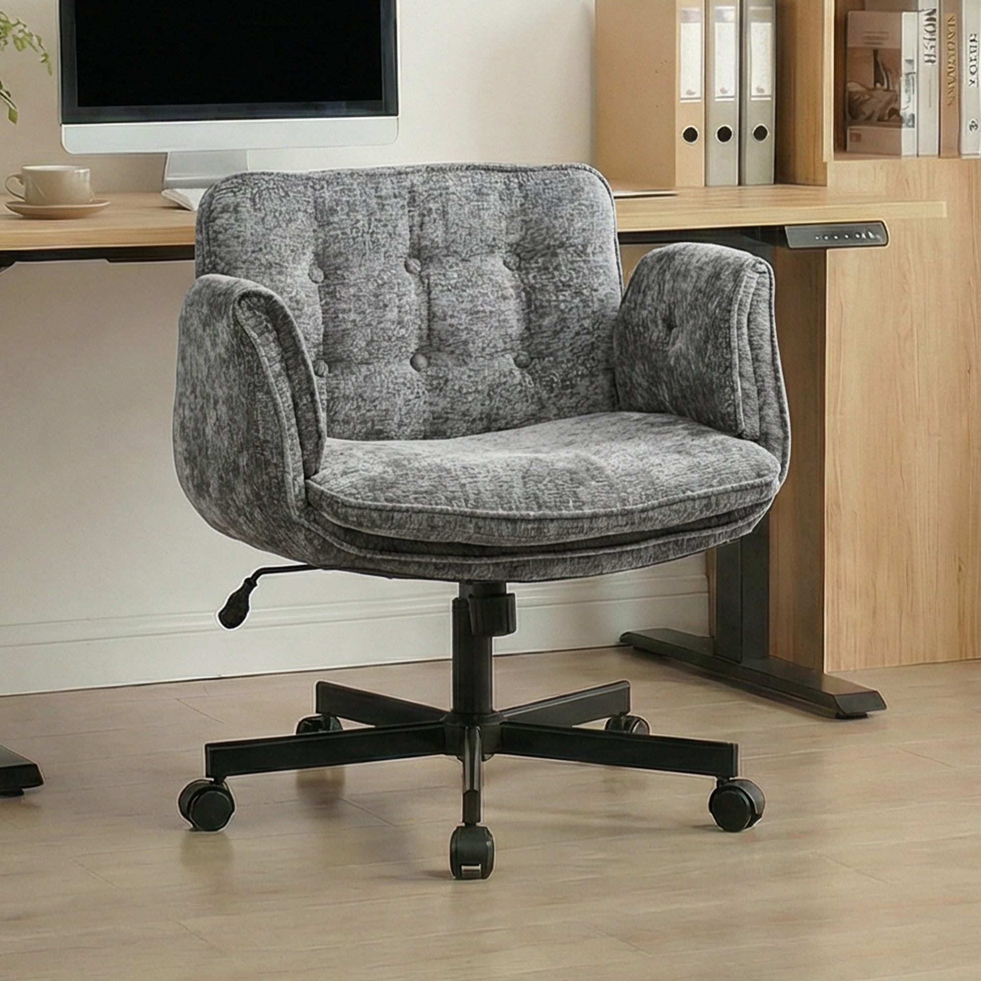 Leawin Drehstuhl Bürostuhl ergonomisch mit breitem Sitz & 5-fach Armlehnen, Schreibtischstuhl mit Chenille-Bezug, Rollen & 150 kg