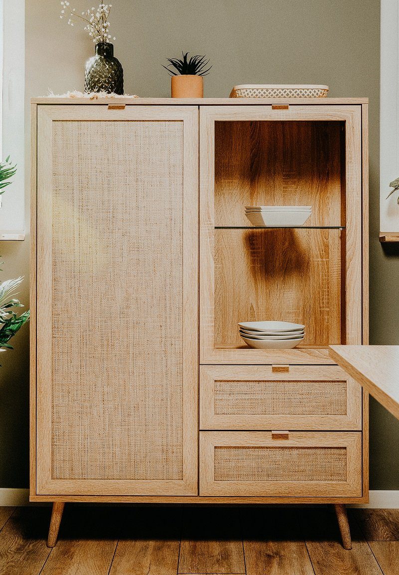 Finori Vitrine Highboard Bali, Sonoma Eiche / Rattan Optik Aufdruck