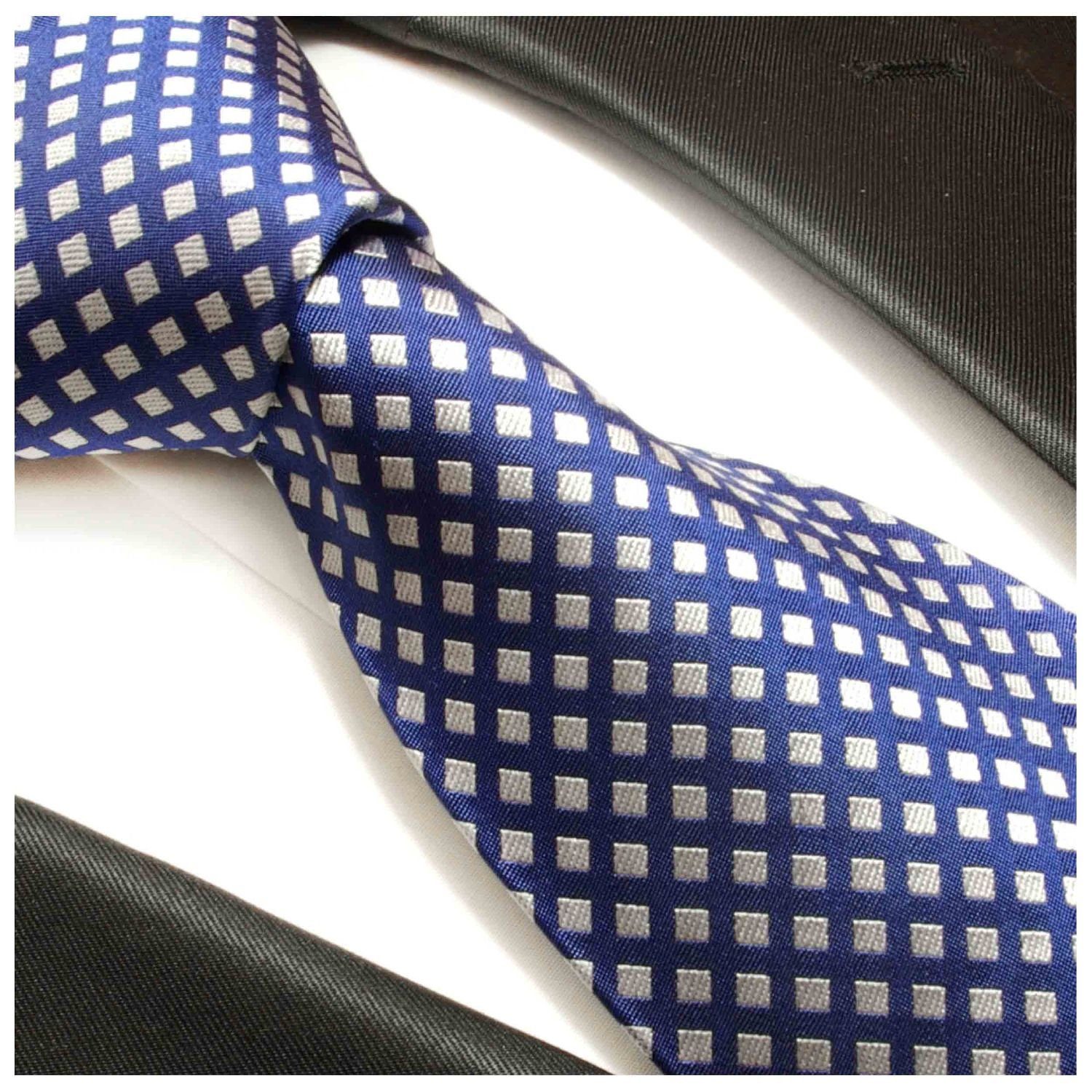 silber blau Paul modern Herren Krawatte Karos Einstecktuch) 2-St., Breit 321 mit Krawatte Malone Seide (Set, (8cm), Seidenkrawatte mit Tuch kleine 100%
