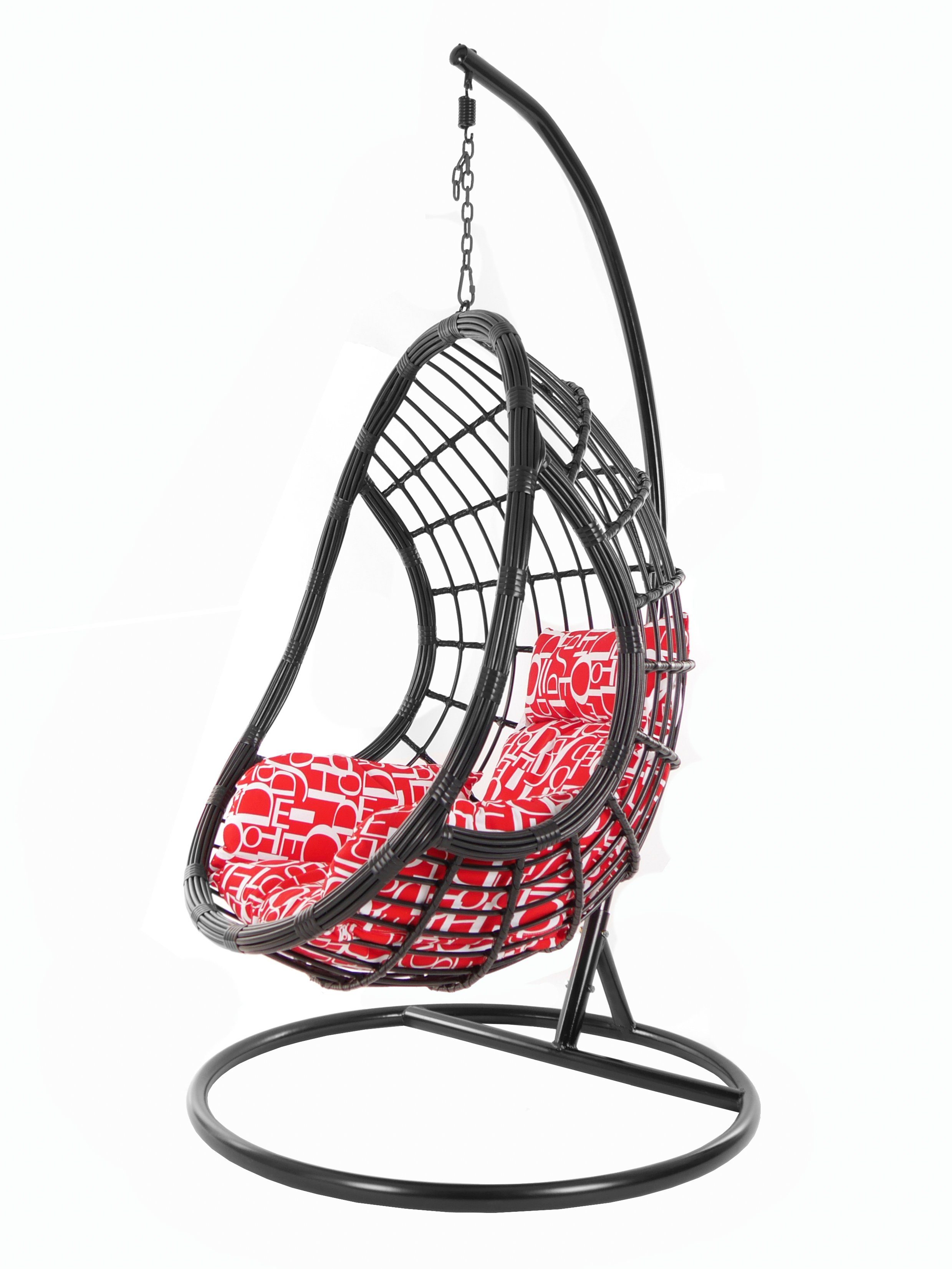 KIDEO Hängesessel PALMANOVA black, Loungemöbel, Swing Chair, Schwarz, Hängesessel mit Gestell und Kissen, Schwebesessel, Muster buchstabenmuster (3100 red letter)