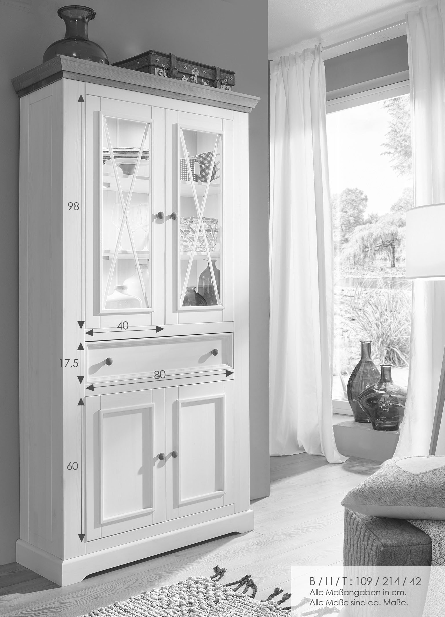 Lebenswert Vitrine WZ-0133 (BxHxT: 109x208x42 cm) aus Kiefer in grau mit einer Schublade und 4 Türen