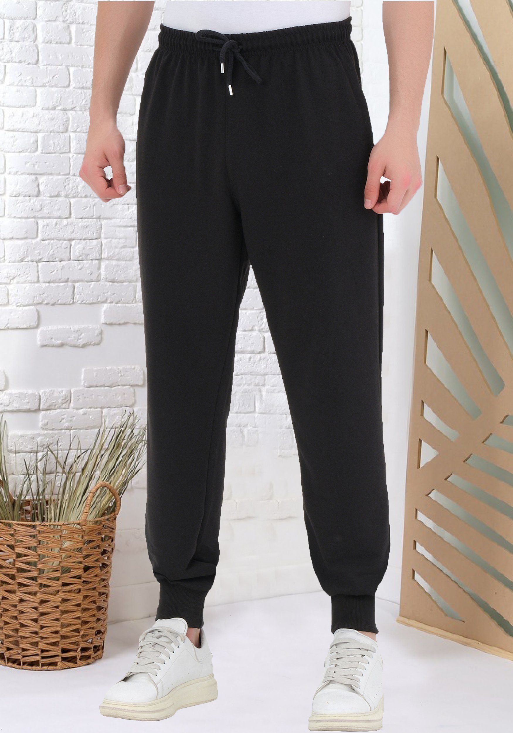 Jogginghose elastischer Baumwolle Bund, Schwarz (1-tlg) Herren JEEL Sporthose