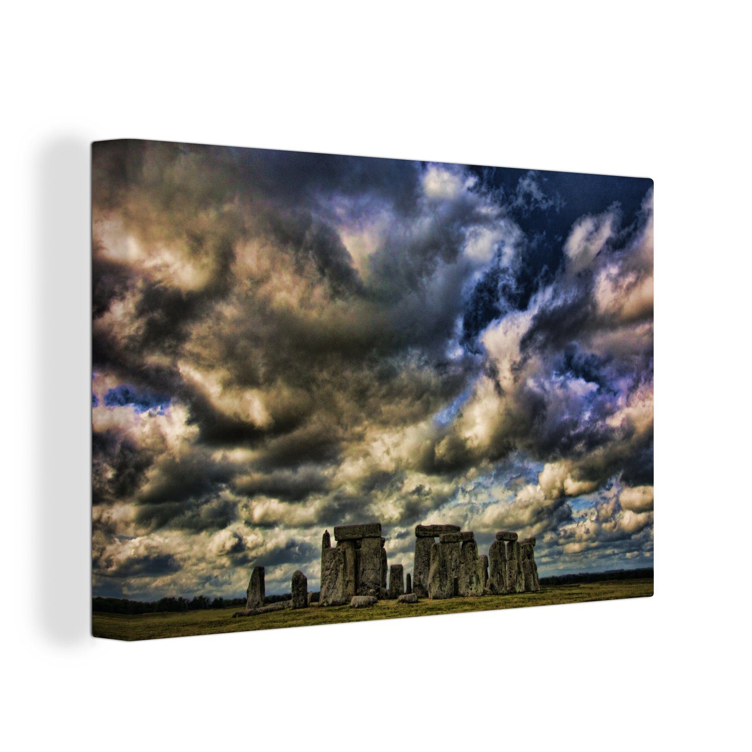 OneMillionCanvasses® Leinwandbild Dunkelblaue Wolken über Stonehenge, (1 St), Wandbild Leinwandbilder, Aufhängefertig, Wanddeko, 30x20 cm