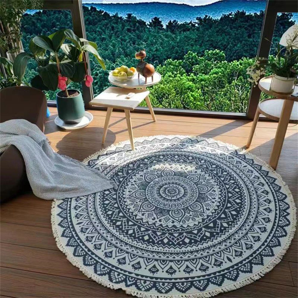 Antirutsch Teppichunterlage Teppich rund Mandala-Design Baumwollteppich mit  Fransen, L.Ru UG, (Home Casual rutschfeste Quaste bedruckter runder Teppich),  Wohnzimmer Bodenmatte Schlafzimmer Nachttischdecke