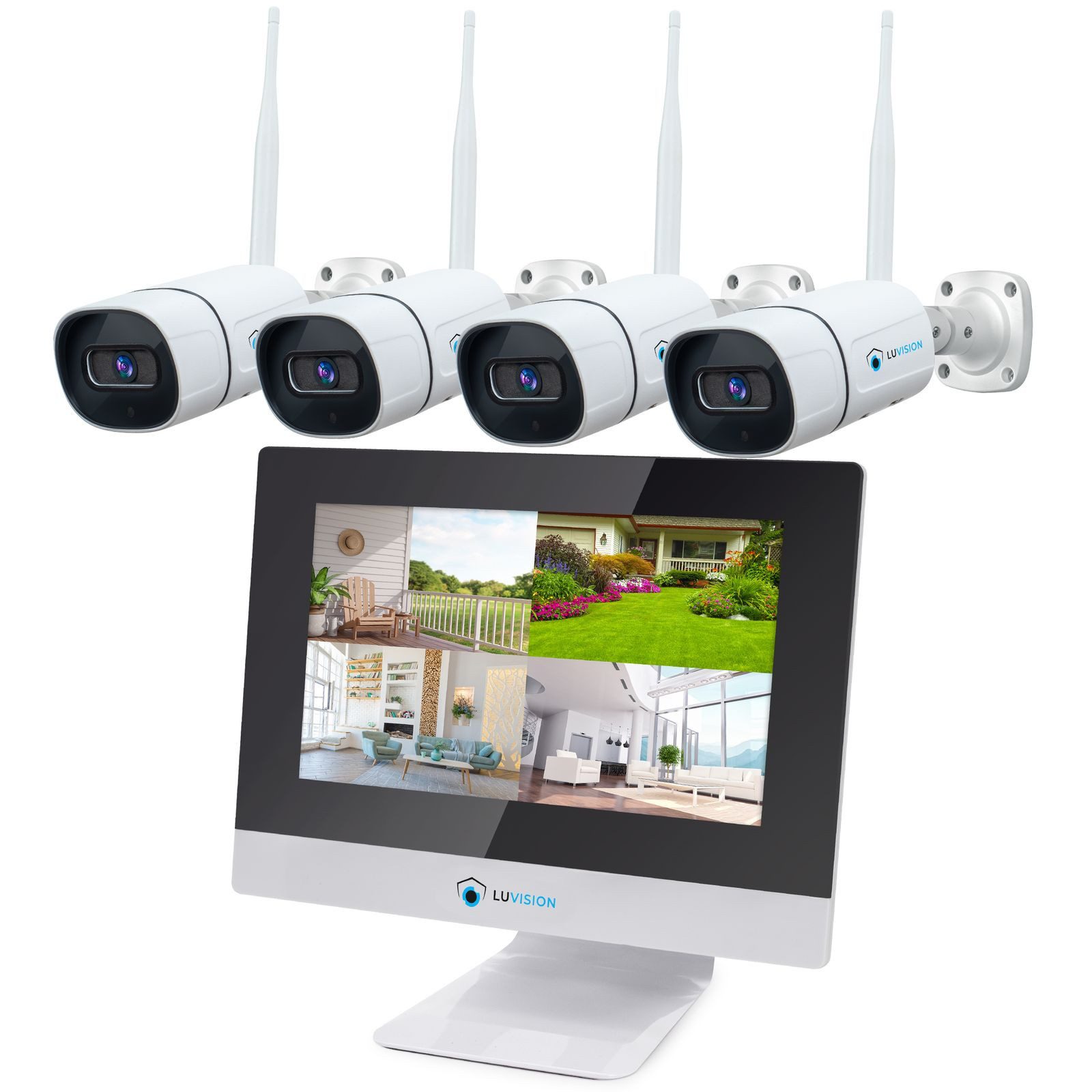 LUVISION Überwachungskamera LV-101+4 (Außen- und Innenbereich, 4-tlg., 10,1" Monitor NVR WLAN Funk Video Überwachungssystem 3MP 4 IP Kameras, PC Software & App, Cloud, Push Alarm, Nachtsicht, H.265 Komprimierung)
