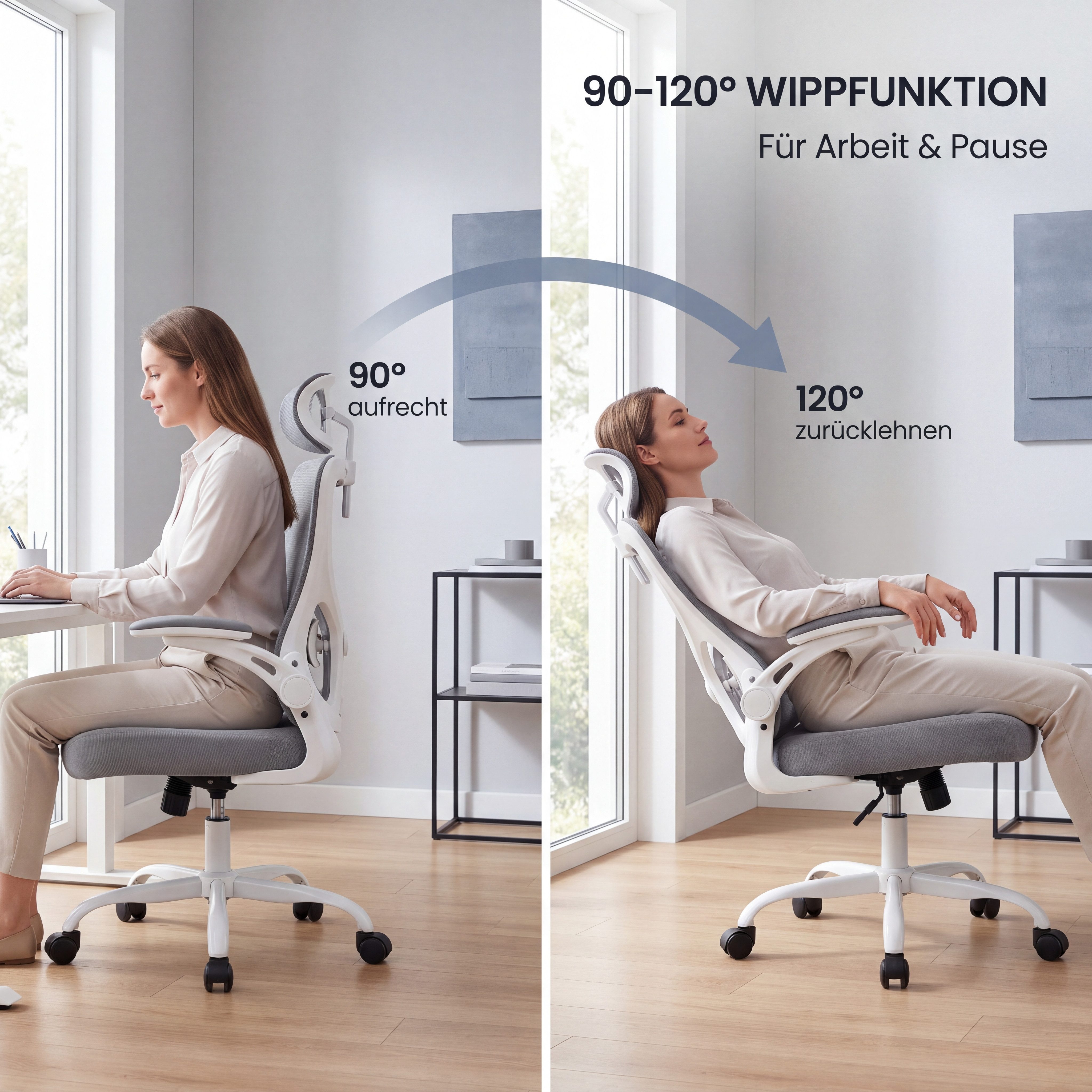 Marsail Bürostuhl Ergonomischer – Schreibtischstuhl Mesh mit 3D-verstellbaren Armlehnen (Dynamischer Lendenstütze, Wippfunktion), TÜV-geprüft, bis 136 kg – Idea – Bild 2 von 5