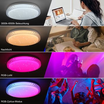 LETGOSPT Deckenleuchte 36W RGB LED Deckenlampe Dimmbar, Fernbedienung APP, LED fest integriert, RGB, Warmweiß, Neutralweiß, Kaltweiß, Dimmbar mit Fernbedienung, APP-Steuerung, Kristall LED Deckenlampe