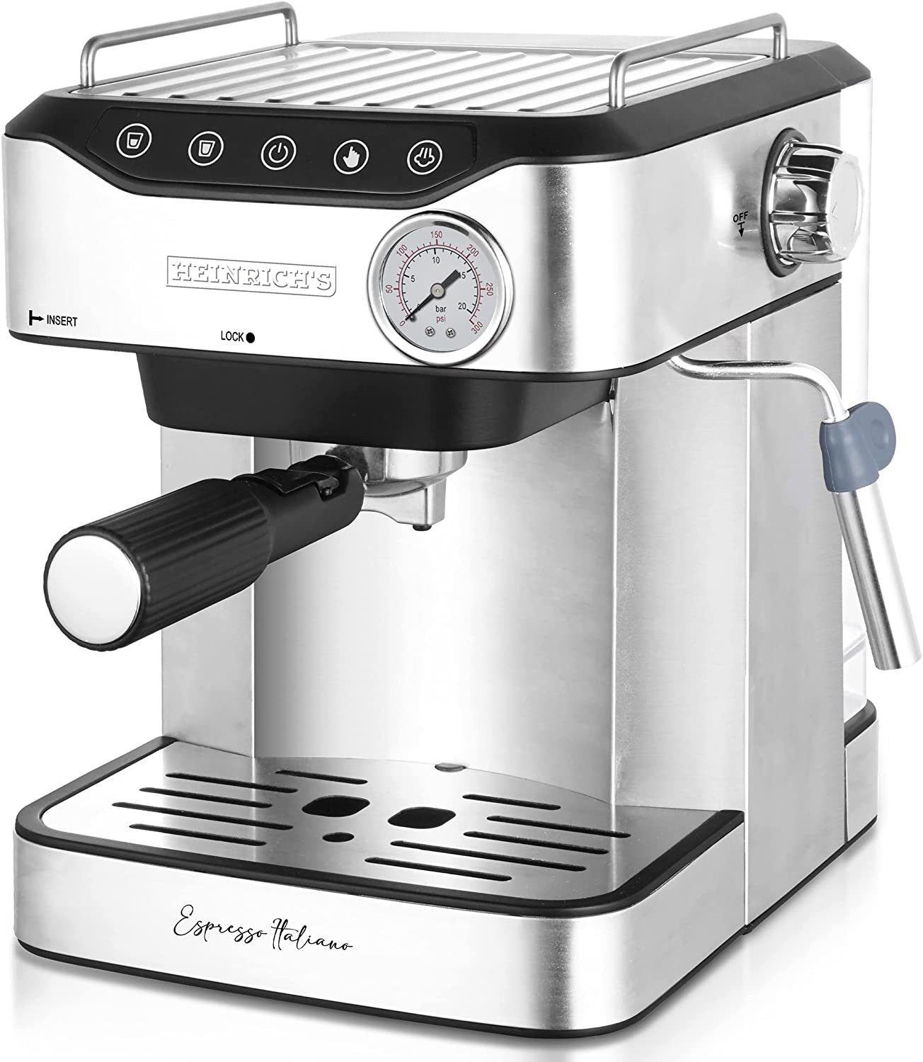 Heinrich´s Espressomaschine, Edelstahlfilter, 20Bar Ulka Pumpe, Milchaufschäumer mit Barista Zubehör 1,6L