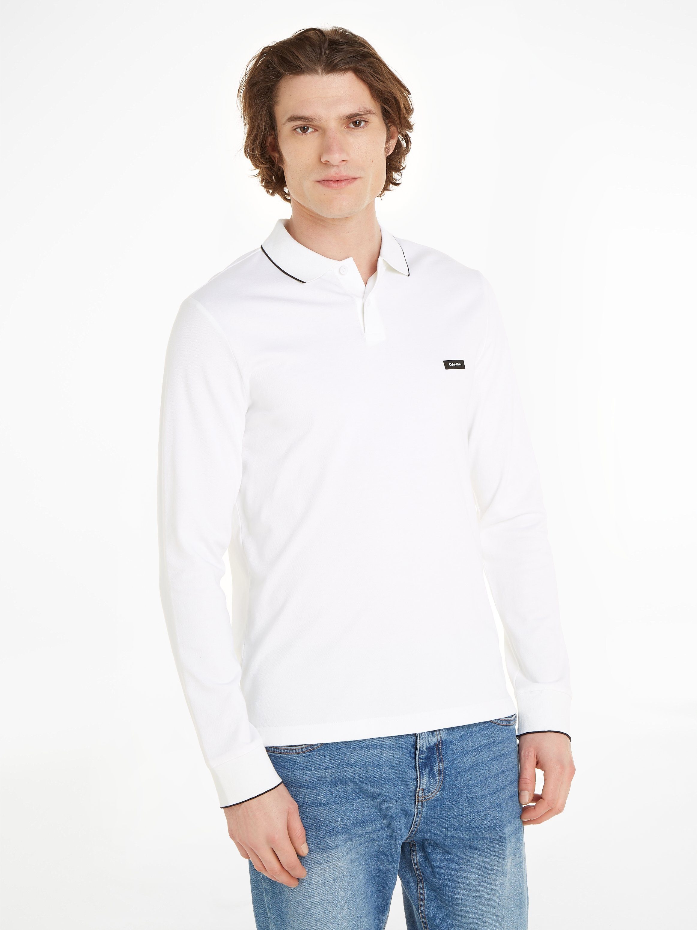 Calvin Klein Poloshirt STRETCH PIQUE TIPPING LS POLO mit Markenlabel Bright White