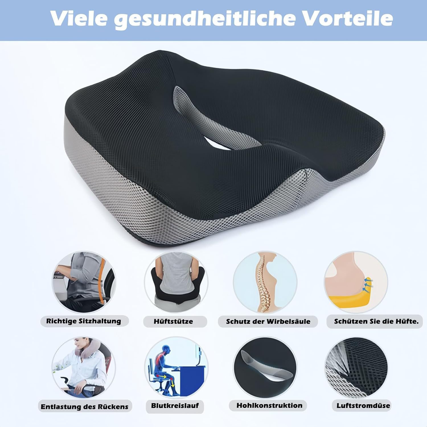 HEYHIPPO Sitzkissen Memory-Foam Sitzkissen 45×38×13/7 cm, ergonomisch für Büro & Gaming, Orthopädisches Sitzkissen Atmungsaktive Polsterung Lindert Müdigkeit – Bild 4 von 5