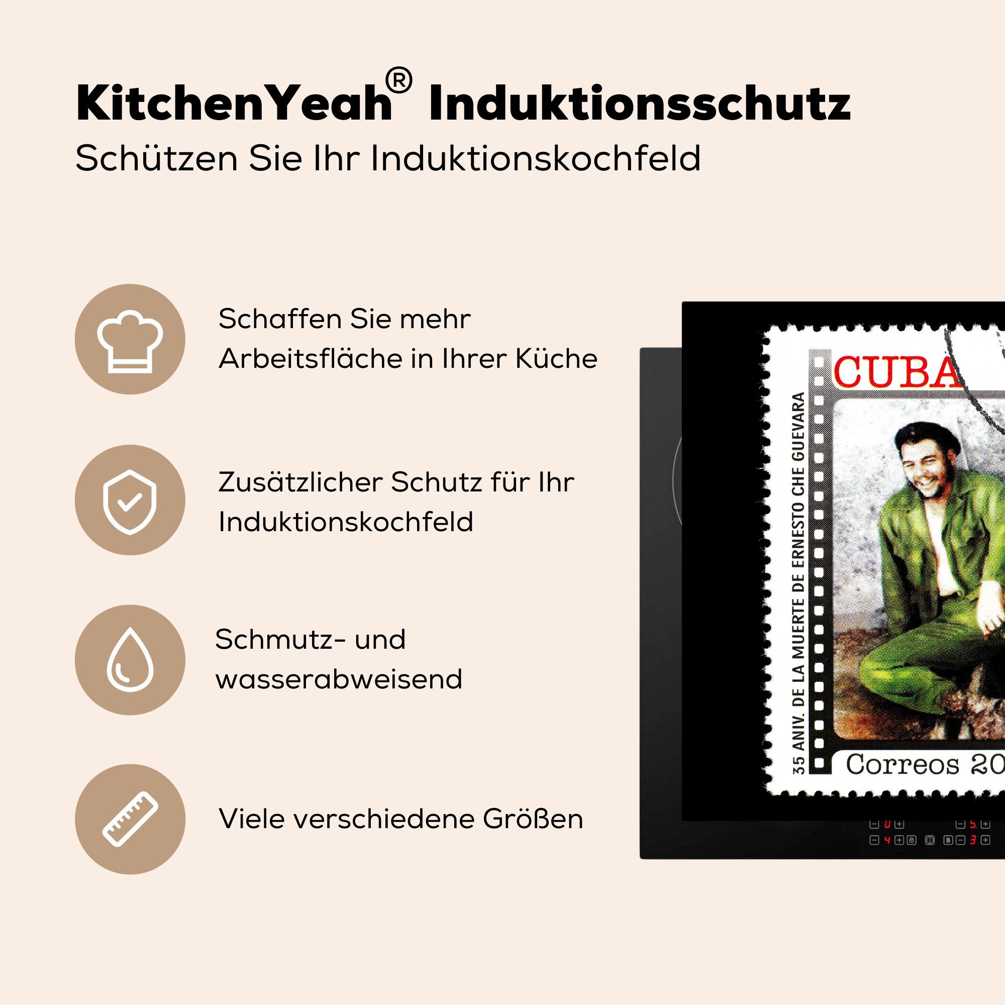 für Herdblende-/Abdeckplatte (1 Briefmarke küche 78x78 cm, Guevara, Arbeitsplatte Che mit Ceranfeldabdeckung, Vinyl, tlg), MuchoWow