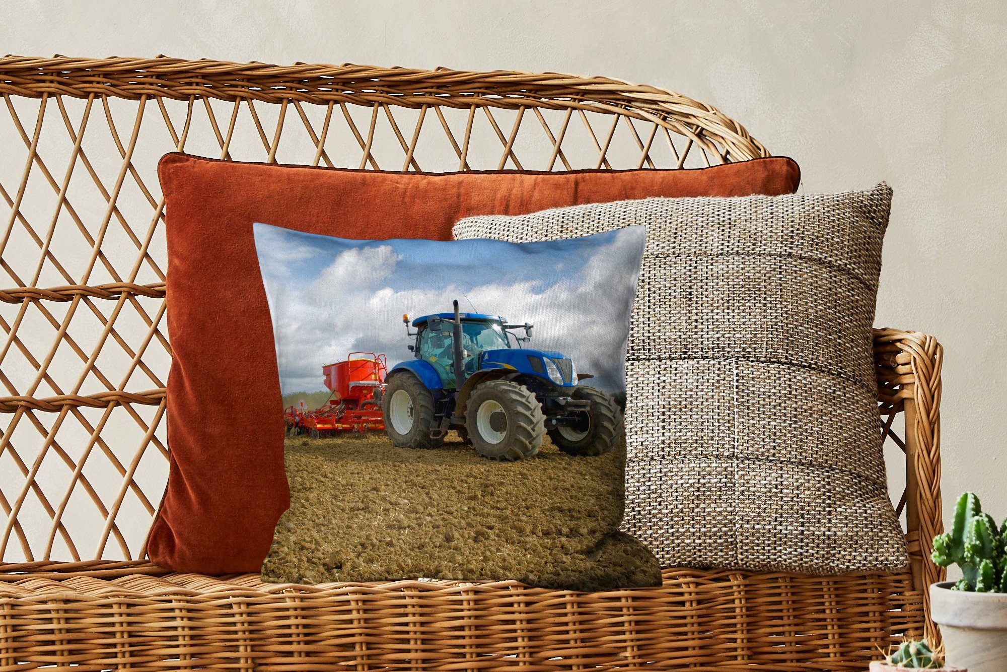 Traktor mit Sofakissen - Blau - Wolken, Schlafzimmer, Landleben Deko, für Wohzimmer, Zierkissen Füllung - MuchoWow Dekokissen