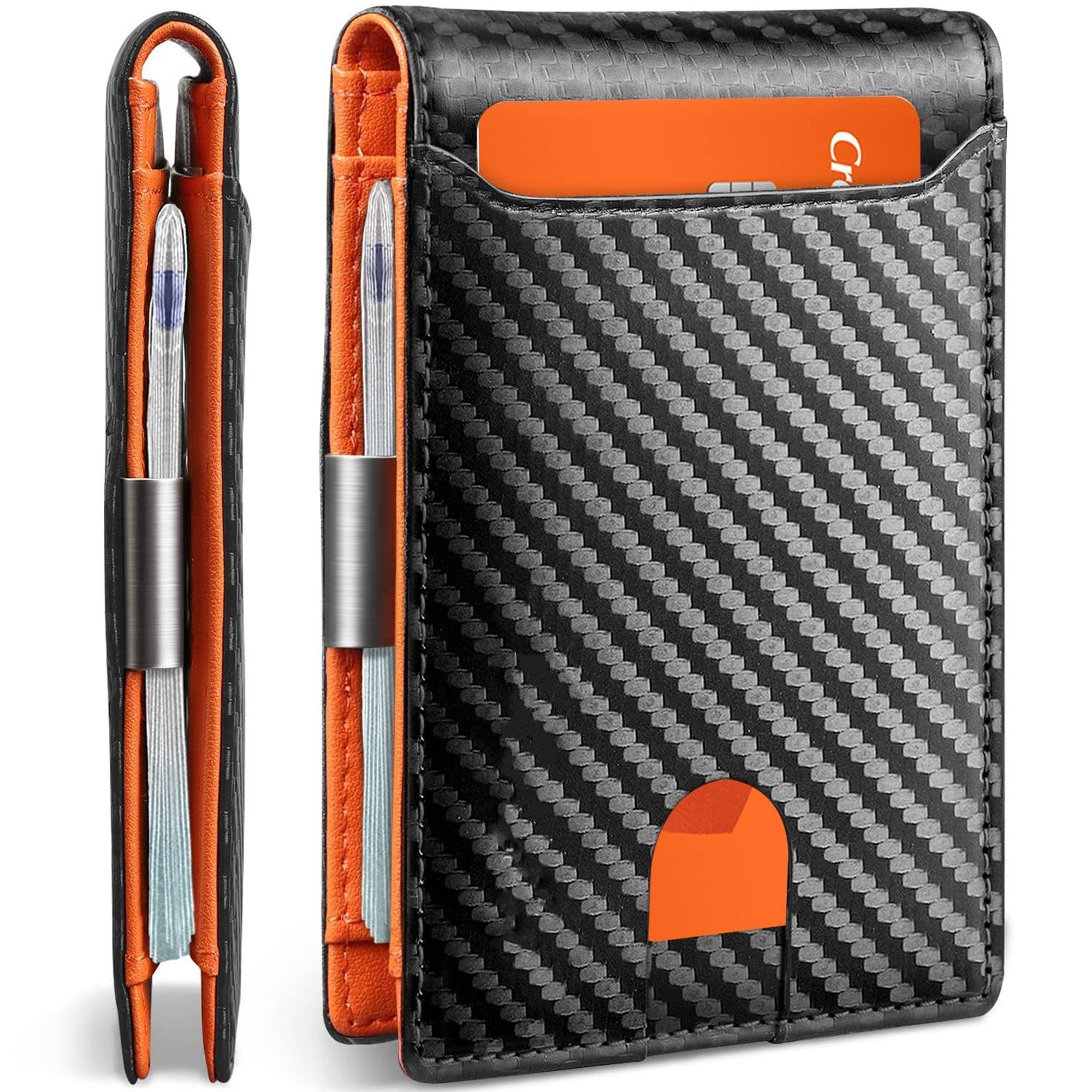 Forrlite Mini Geldbörse Geldbörse Herren Slim Wallet RFID Blocking Kohlefaserleder (Portmonee Herren mit 11 Kartenetui, Ausweisfenster, Geldscheinklammer, Minimalistischer Geldbeutel Herren,Geldbörse Herren mit RFID Schutz, Portmonee Portemonnaie Herren k