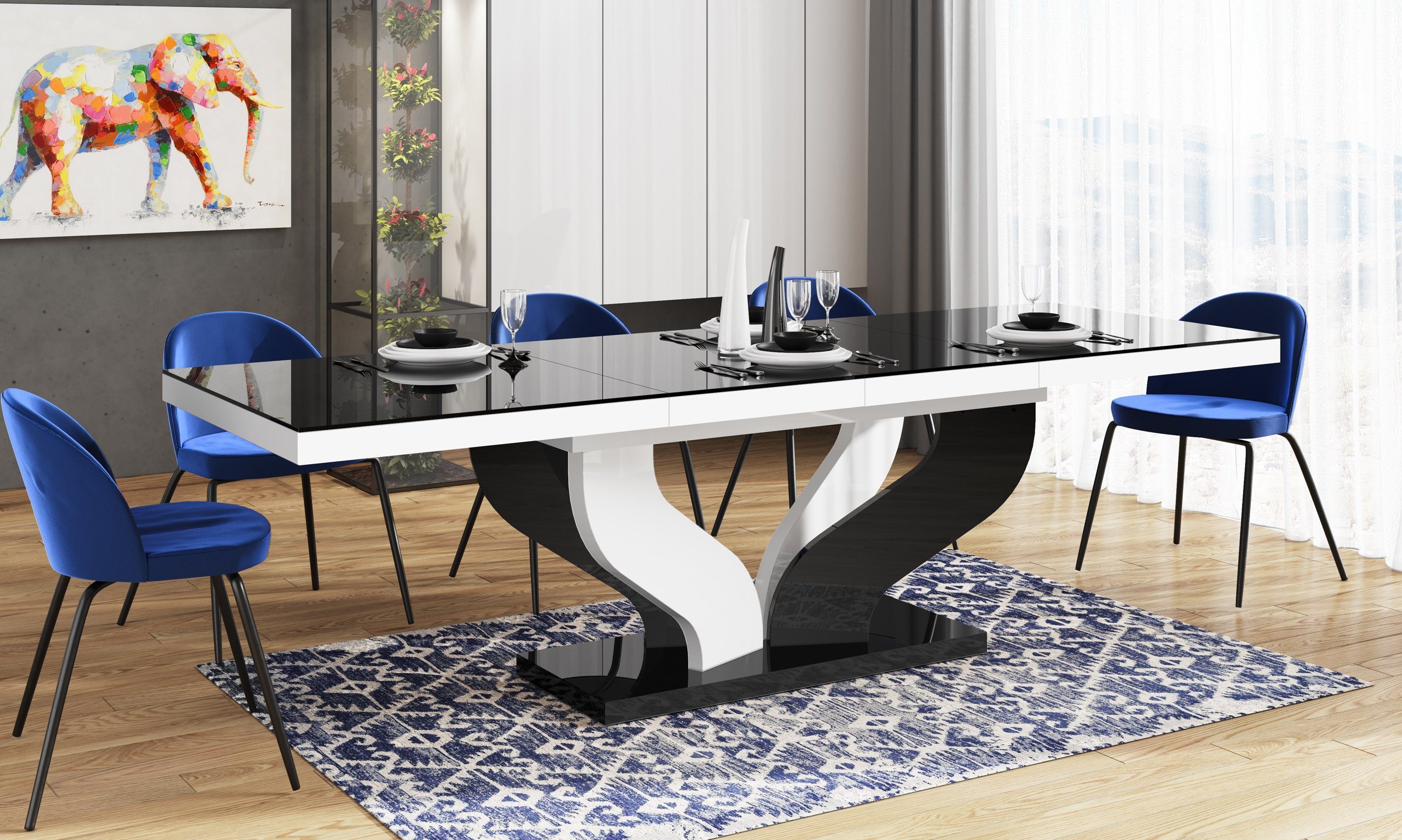 designimpex Esstisch Design Tisch HEB-222 Schwarz / Weiß Hochglanz ausziehbar 160 bis 256cm Schwarz Hochglanz / Weiß Hochglanz