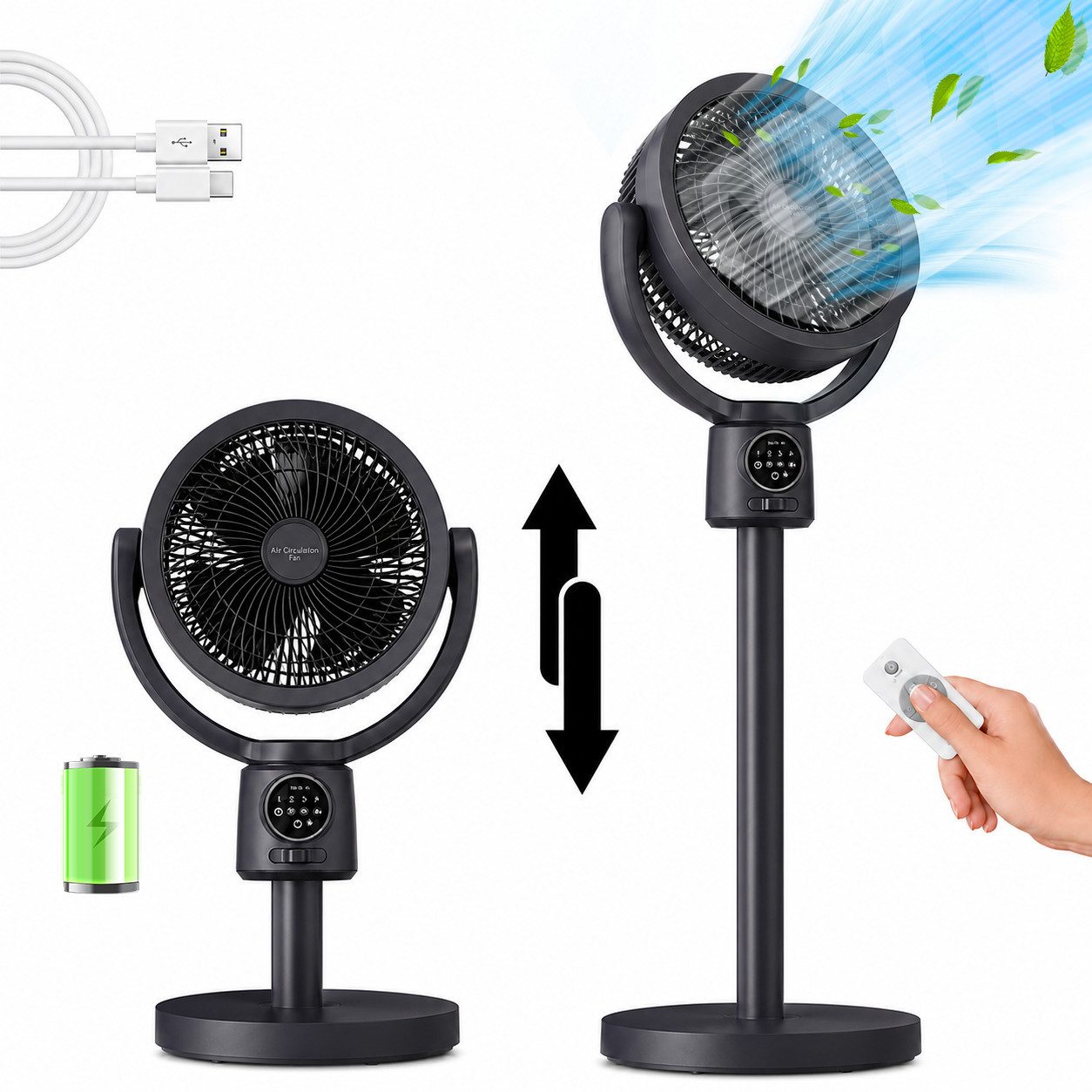 MOPUEA Standventilator 2in1 Standventilator Tischventilator mit 3D-Oszillation Luftzirkulator, Höhenverstellbar 5 Windstufen, Timer, LED-Display, Leiser Ventilator