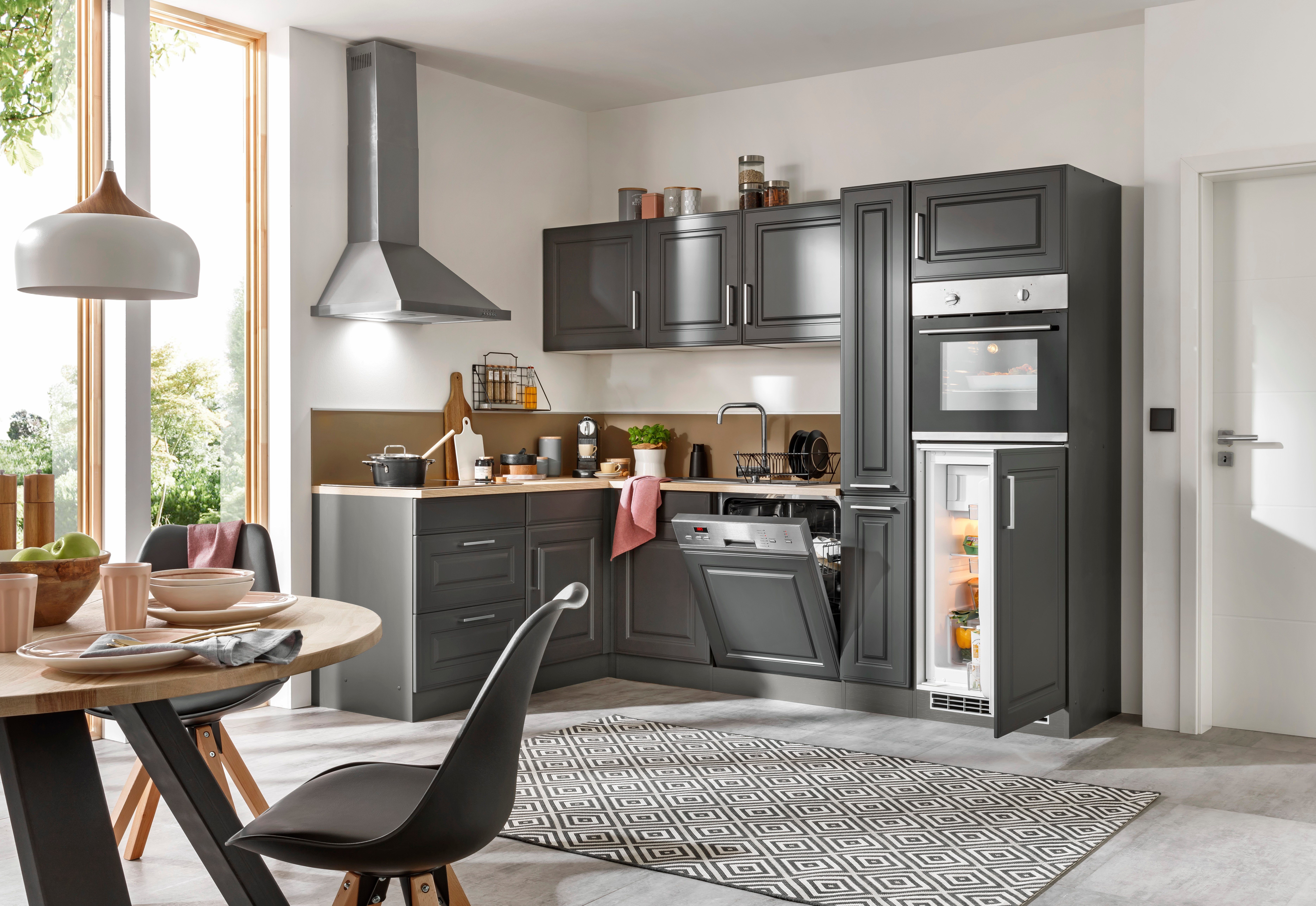 KOCHSTATION Winkelküche KS-Stockholm – Küche mit hochwertiger und detailreicher Landhausfront, Stellbreite 260x170 cm, wahlweise mit E-Geräten, MDF-Fronten