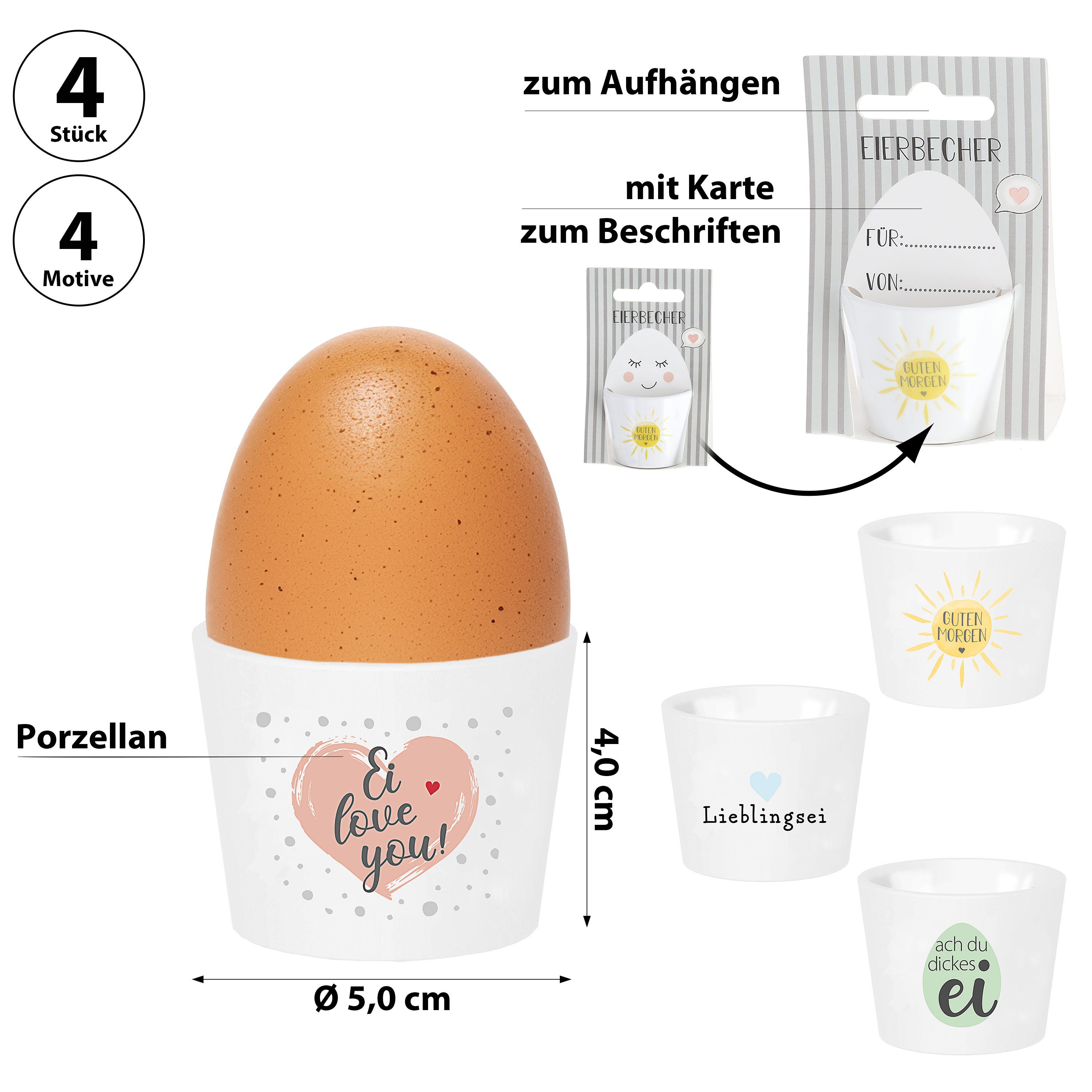 CEPEWA Eierbecher Eierbecher 4er Set 4 Motive Porzellan weiß 5x4cm Eierhalter Sprüche – Bild 2 von 5