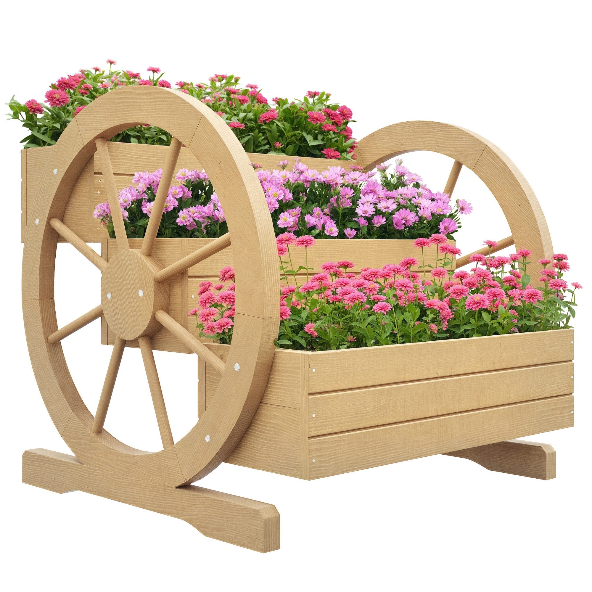 Outsunny Hochbeet mit 3 Etagen, Wagenrad-Dekor (Gemüsebeet, 1 St., Blumenkasten), für Garten, Balkon, Naturholz, 61 x 62 x 57 cm