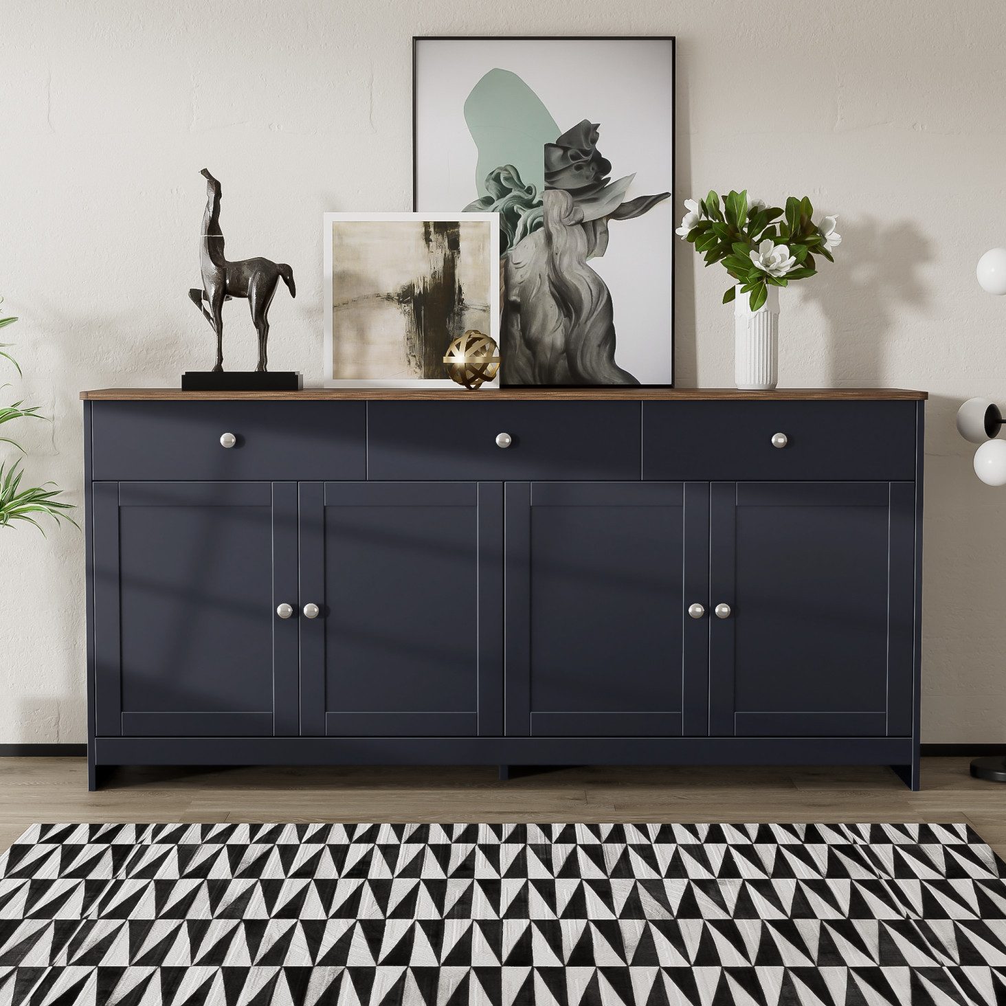 IDEASY Sideboard Buffetschrank Landhausstil, 4 Türen, 3 Schubladen, 160cm Länge (silberne Griffe; Einfache Montage für 2 Personen, 30-60min), Verstellbare Regalböden, viel Stauraum; MDF & Spanplatte