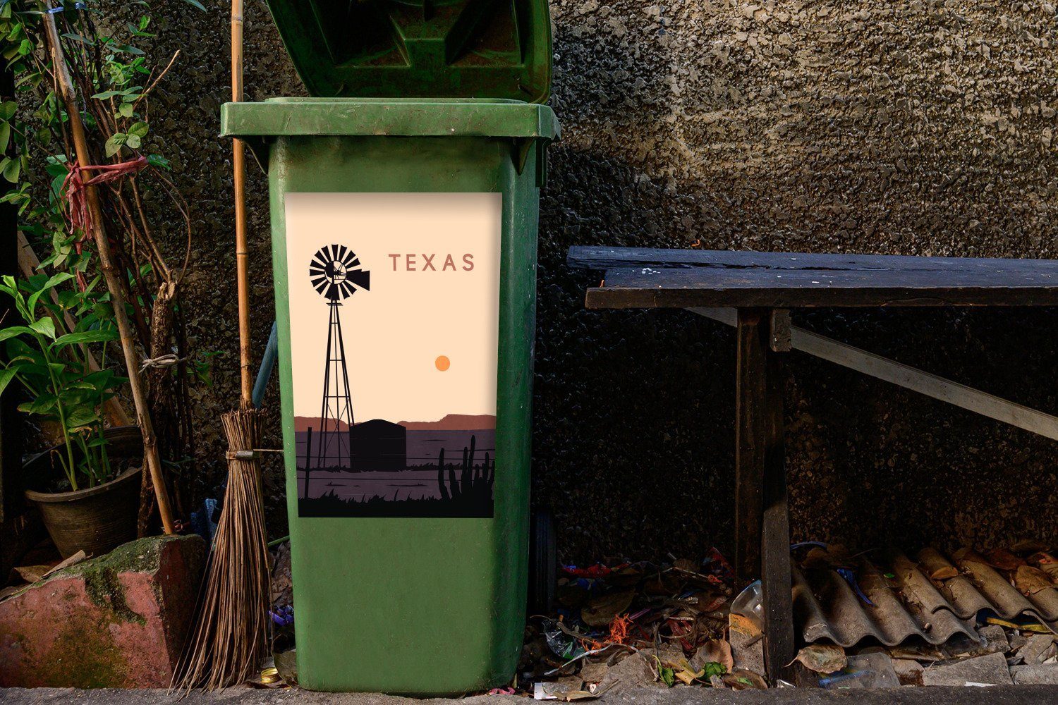 - USA - (1 Mülltonne, MuchoWow Sticker, Illustration Abfalbehälter Mülleimer-aufkleber, - Texas Wandsticker St), Windmühle Container,