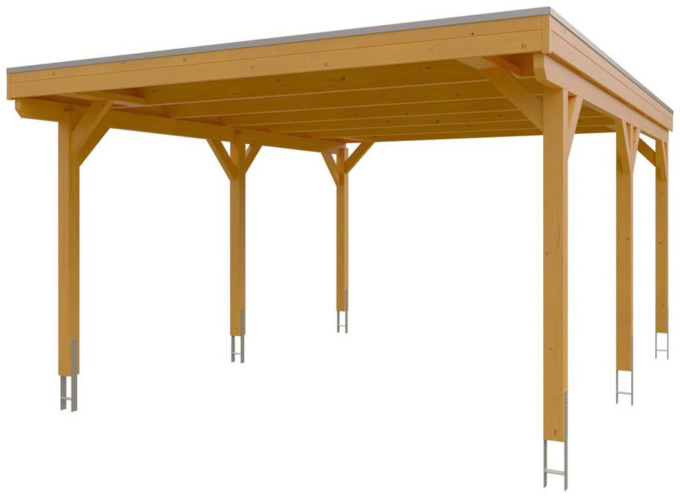 Skanholz Einzelcarport cm, eiche Einfahrtshöhe, cm in Aluminium-Dachplatten, mit farblich Grunewald, Flachdach Aluminiumdach, 395 hell behandelt mit BxT: 427x554