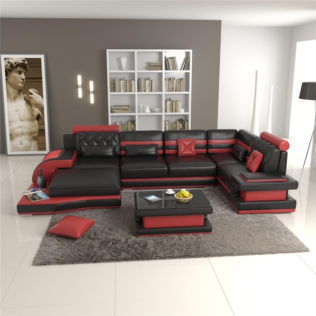 in Sofa Europe Schwarz/Rot xxl Couch, Ledersofa Ecksofa U Made Wohnlandschaft JVmoebel Ecksofa Form Big