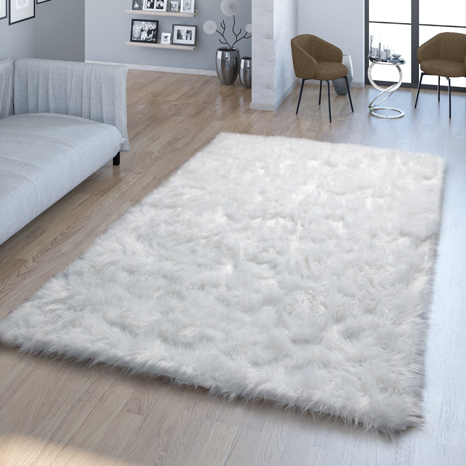 Fellteppich Wohnzimmer Hochflor Teppich Kunst-Fell Design Versch. Formen  Unifarben, In Weiß, TT Home, rund, Höhe: 64 mm