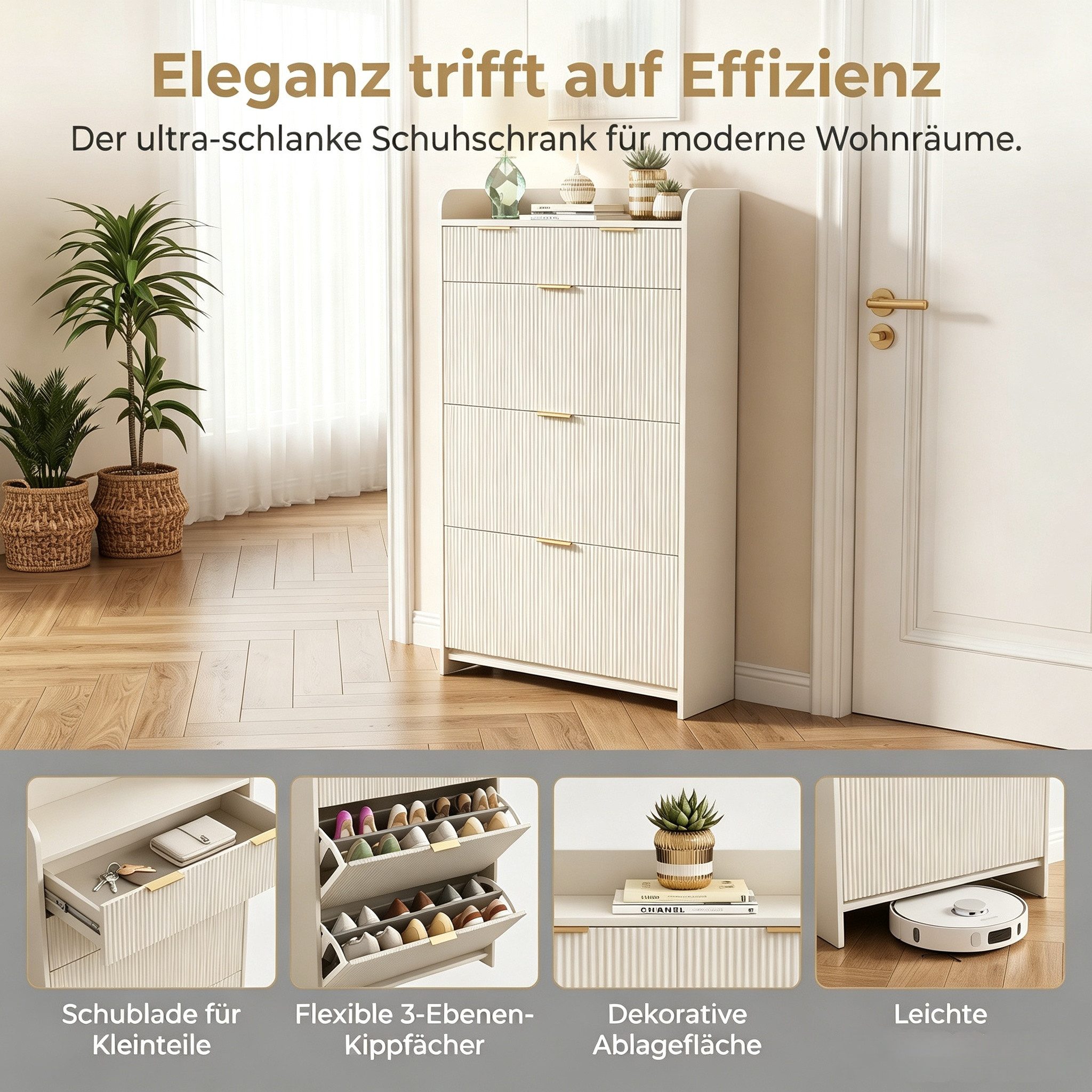 PXloue Schuhschrank mit 2 Klappen Schuhregal Schukipper( mit Kippsicherung)  (mit 2 Schubladen) Schuhkommode im Flur Diele,Trennwand verstellbar, 110x24x80 cm