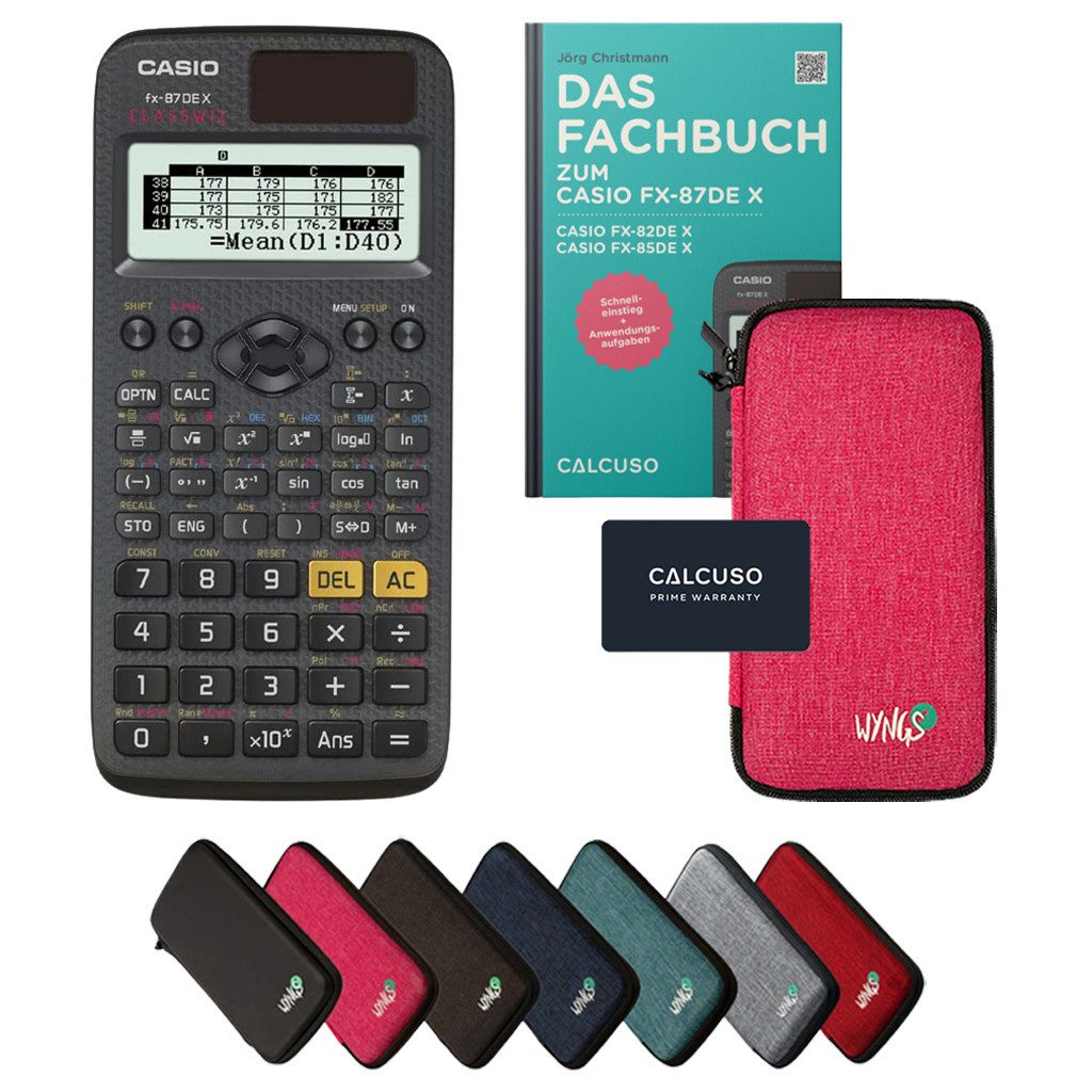 CASIO Taschenrechner fx-87DE X inkl. Schutztasche Pink & Fachbuch (80 Seiten, DIN A5)