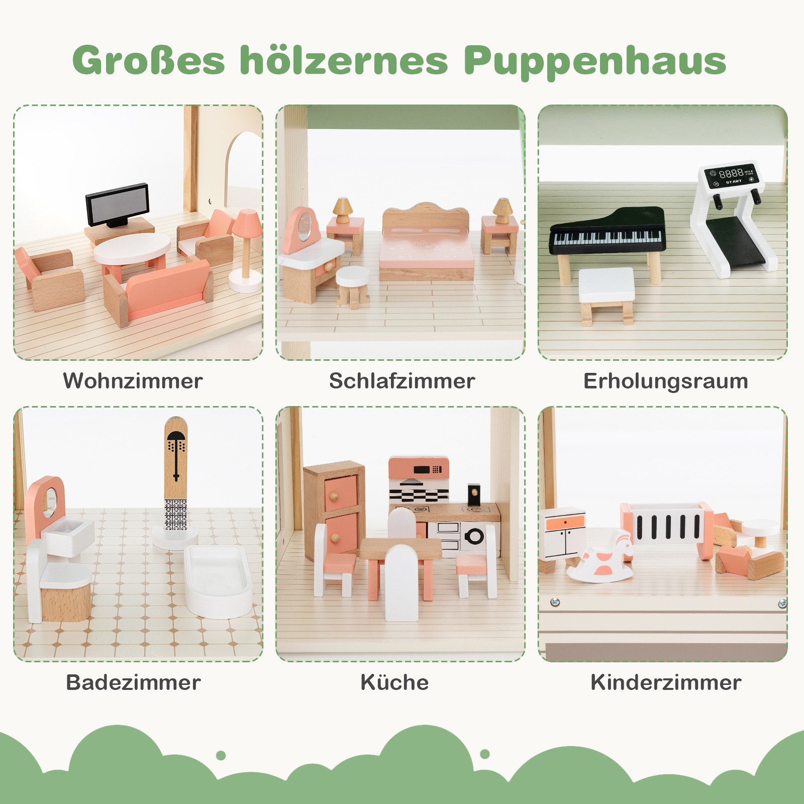 COSTWAY Puppenhaus, 3 Etagen mit 6 Zimmern & 36 Zubehörteilen günstig online kaufen