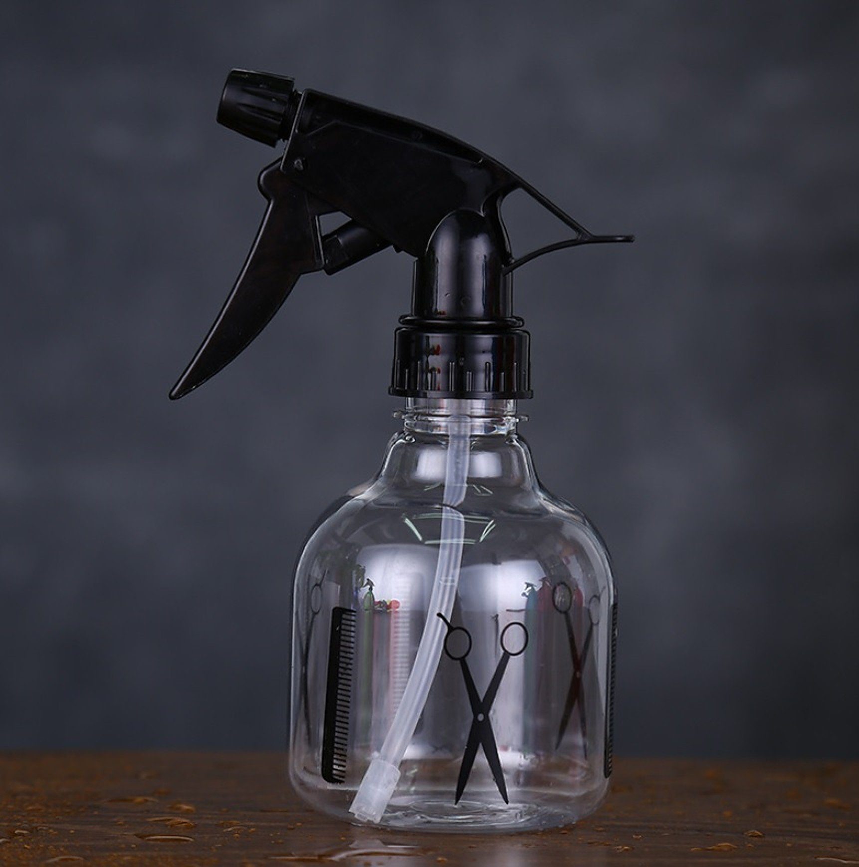 PET Flasche AIDA 250 Ml Klar Mit Spray Zerstäuber 24/410 Basic Schwarz Glatt Palette